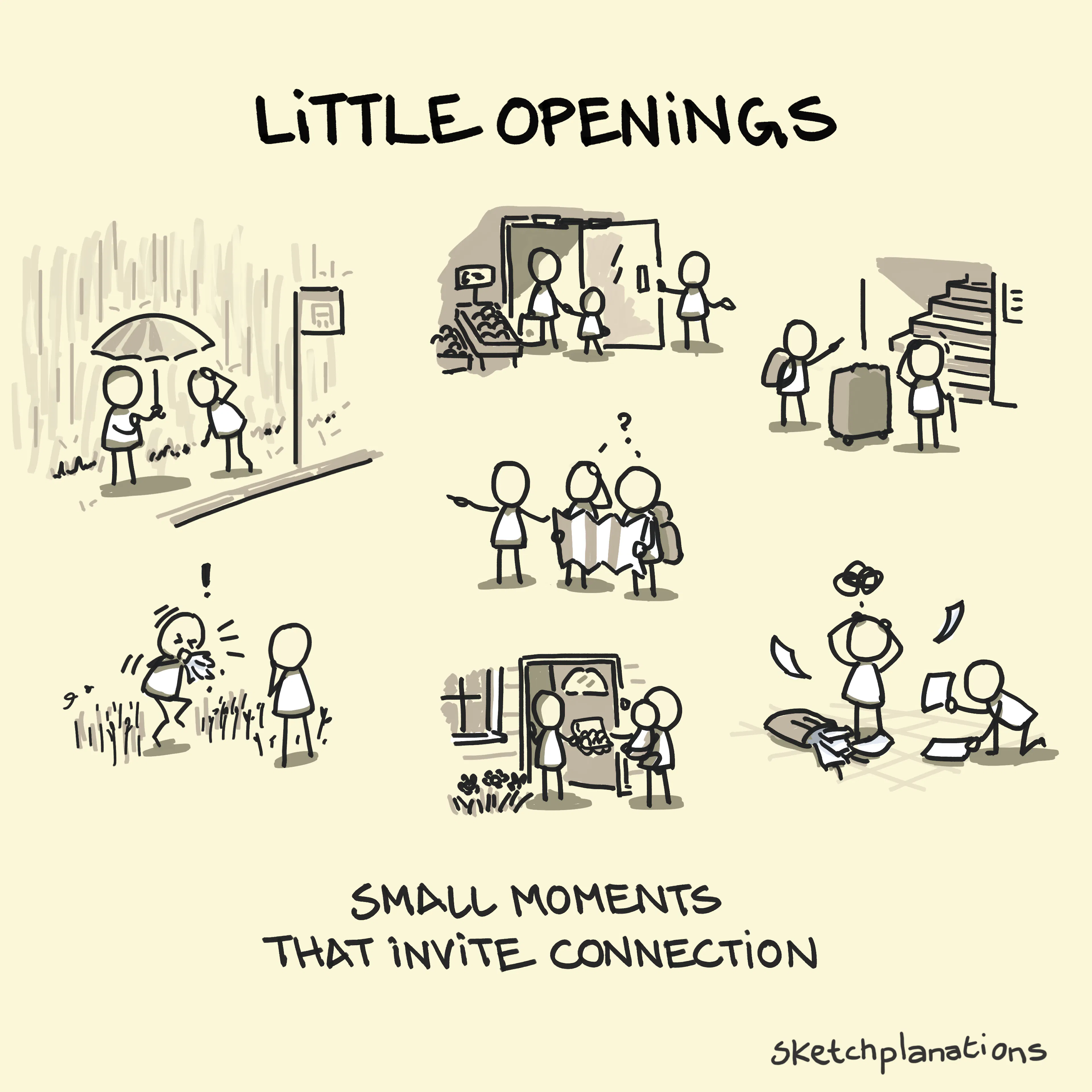 Little openings: small moments that invite connection - sharing an umbrella, holding a door, carrying a suitcase, sneezing, borrowing eggs, directing someone lost, or picking up dropped papers