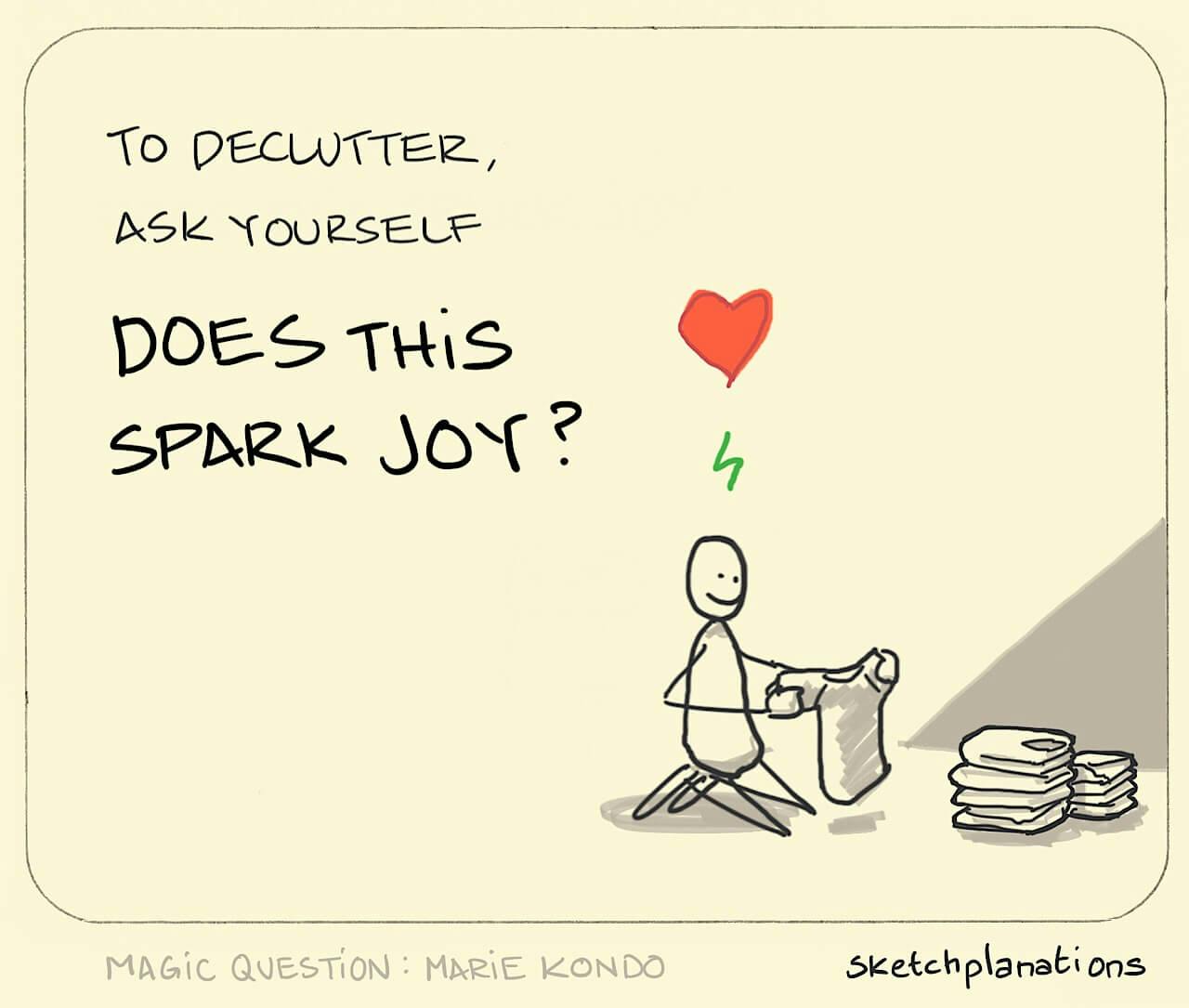 Does this spark joy illustration: As they sort through their t-shirt collection to determine what stays and what needs to go, an individual holds up a shirt and is reminded how much they love it. 