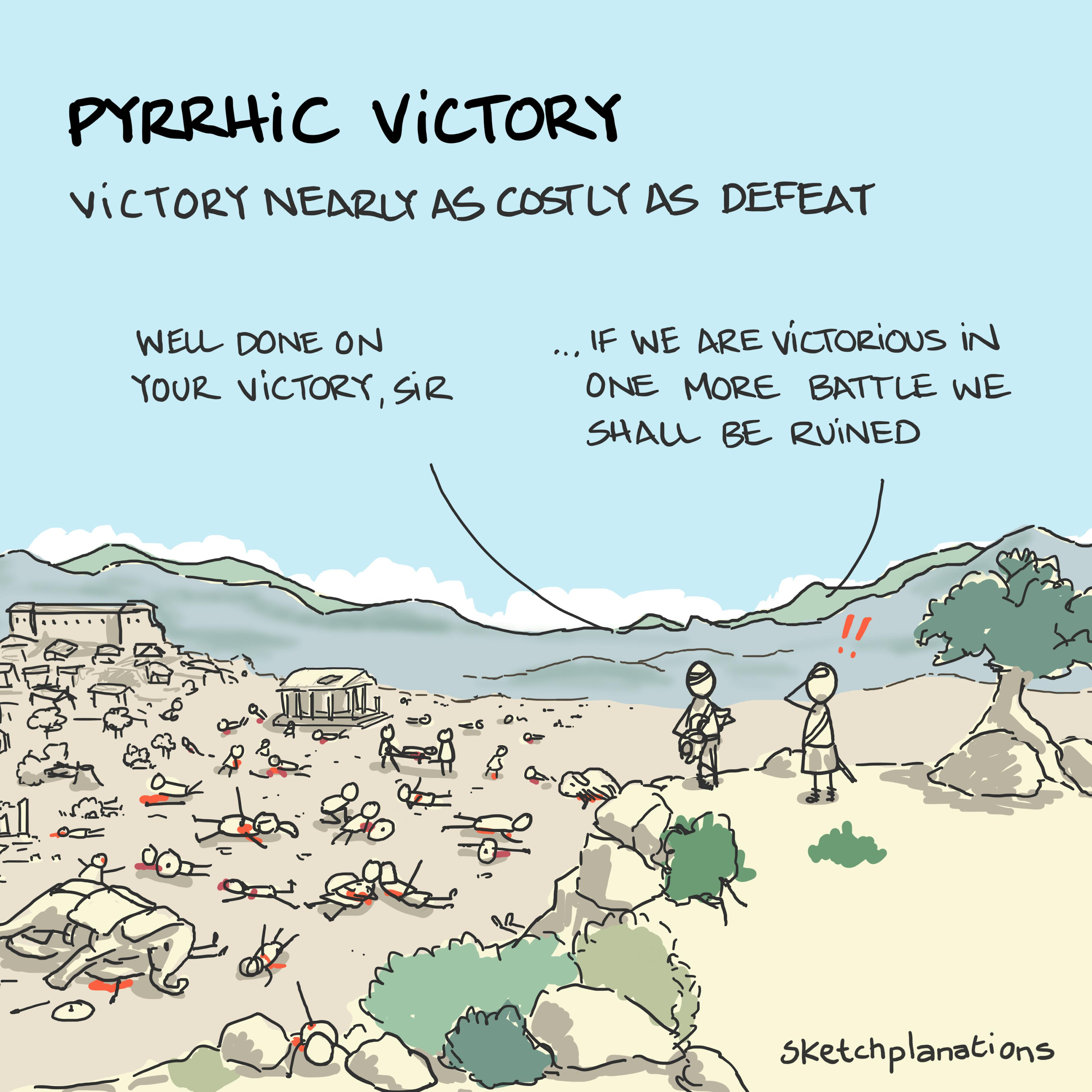 What does a Pyrrhic victory mean example: King Pyrrhus laments a victory that wasn't worth winning as he surveys the remains of his troops after a victory on the battlefield