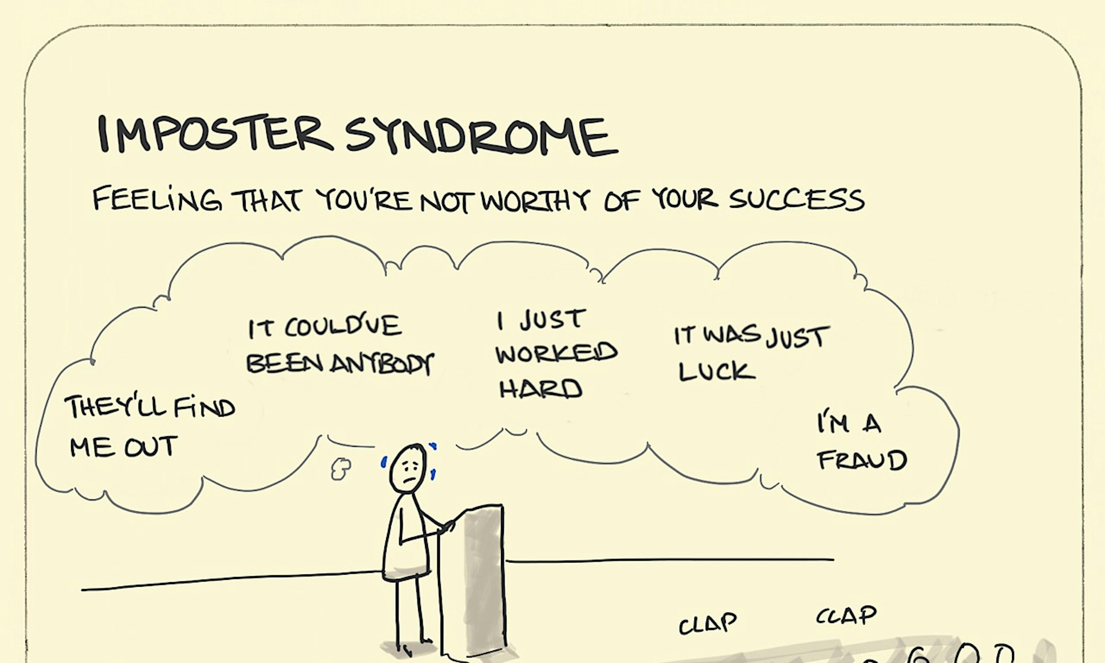 Imposter Syndrome illustration: even as an appreciative audience applaud, an award recipient at the rostrum on stage questions whether they actually deserve this recognition.