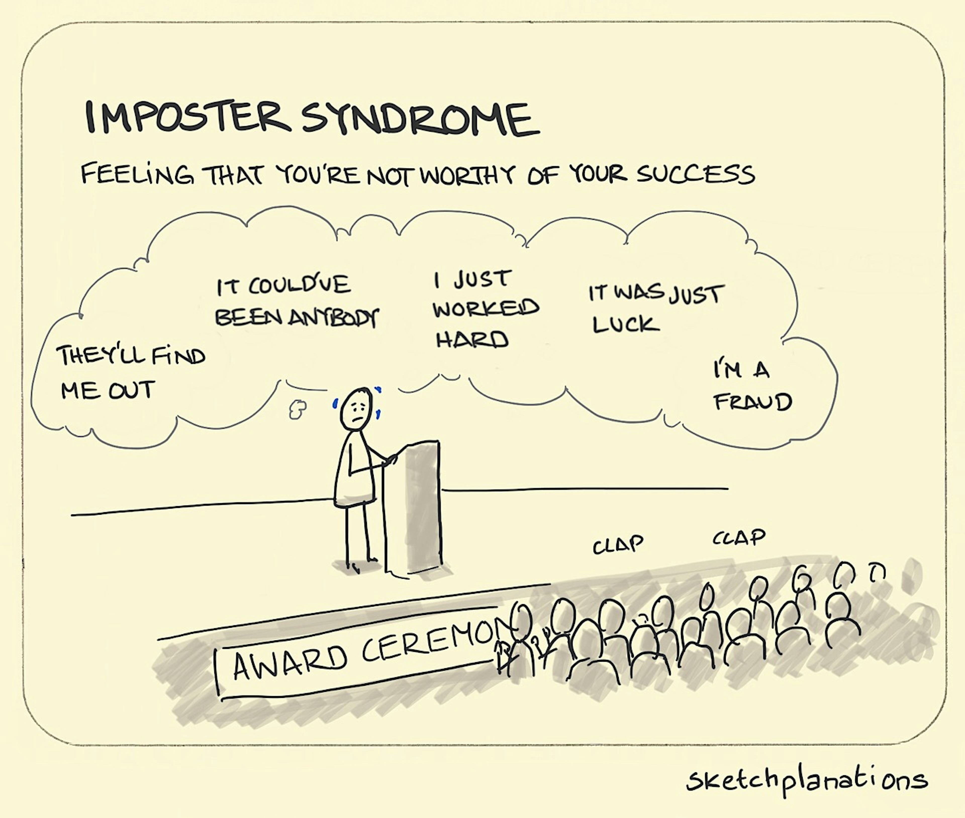 Imposter Syndrome illustration: even as an appreciative audience applaud, an award recipient at the rostrum on stage questions whether they actually deserve this recognition. 
