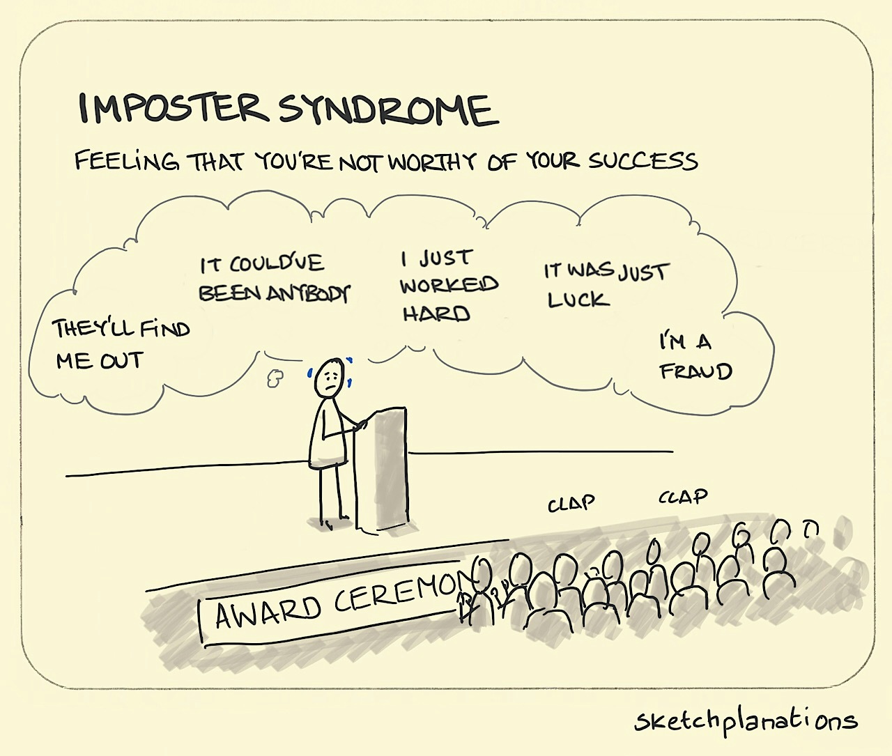 Imposter Syndrome illustration: even as an appreciative audience applaud, an award recipient at the rostrum on stage questions whether they actually deserve this recognition.