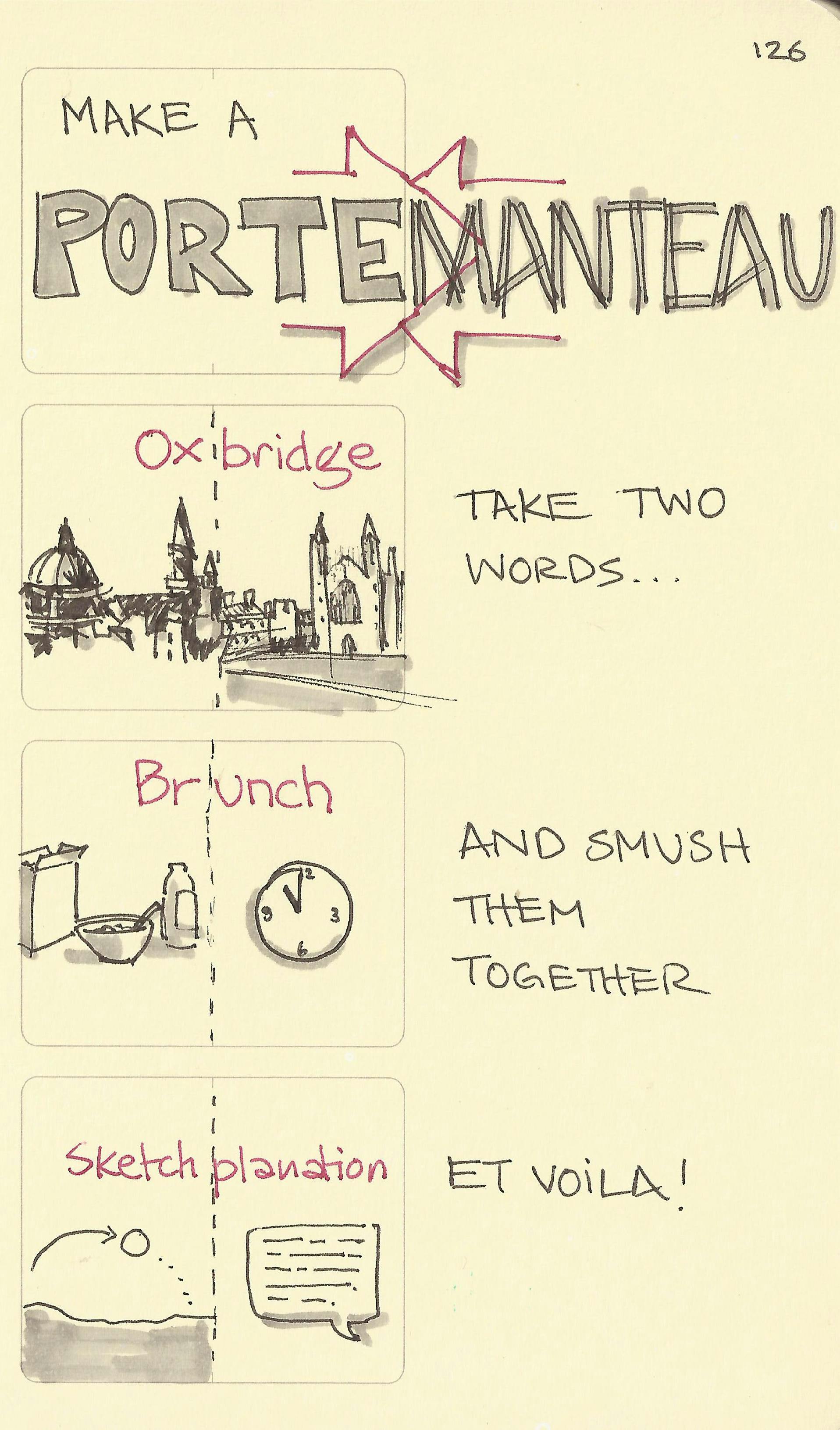 Make a portemanteau How to make a portemanteau - by smashing words together inluding Oxbridge, brunch, and sketchplanations