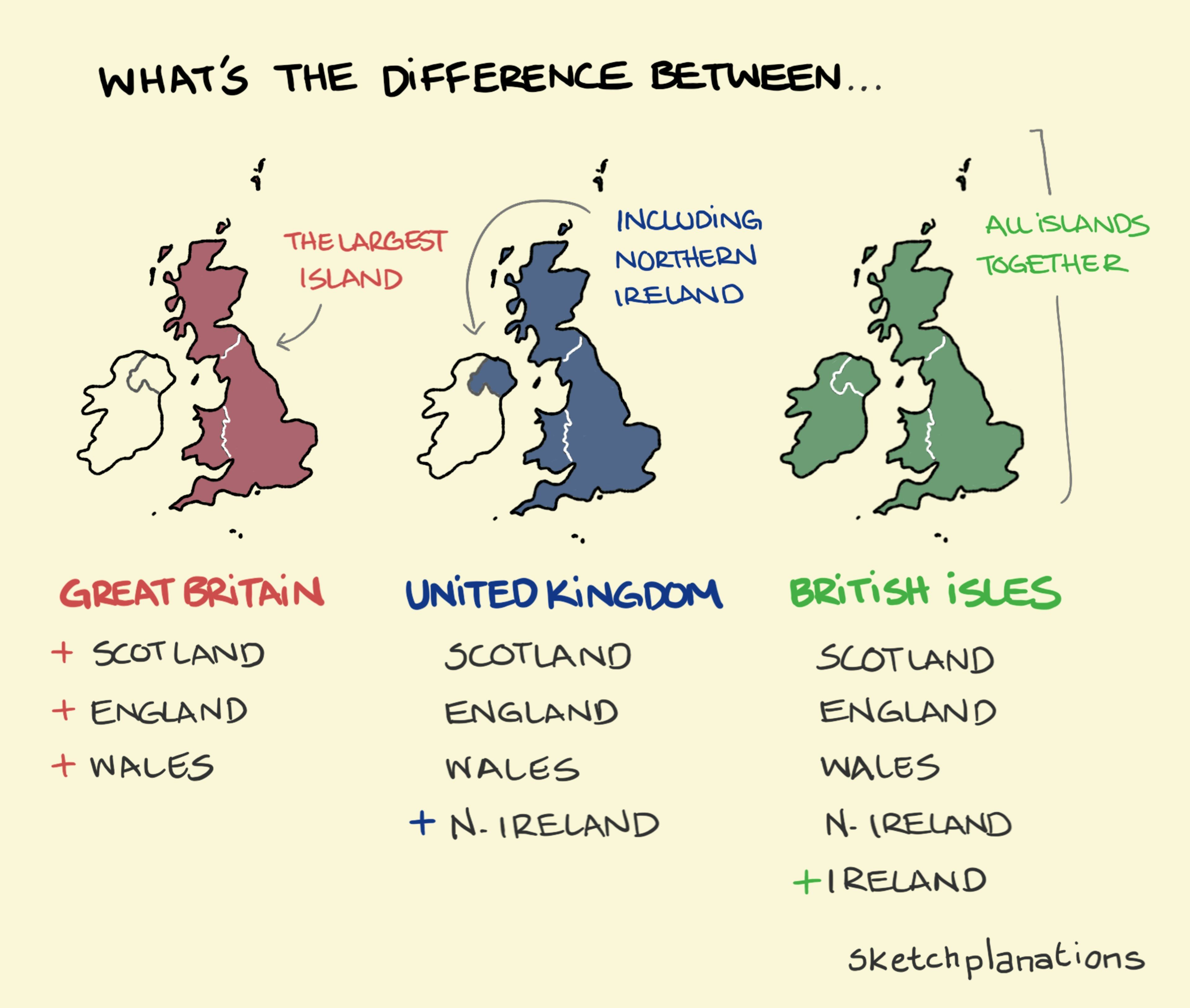 What's the difference between Great Britain, the United Kingdom and the British Isles - explained in a sketch with maps