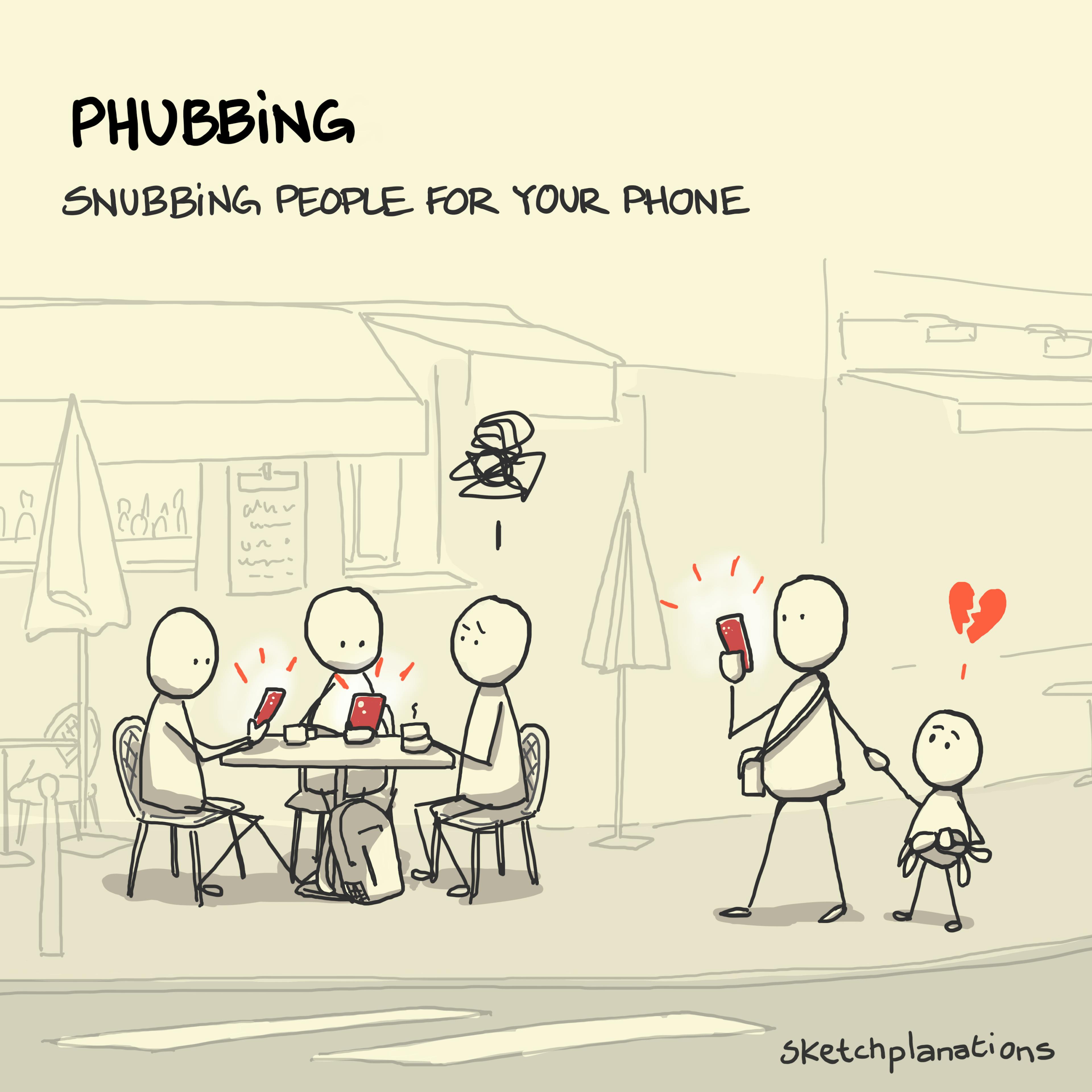 Phubbing illustration: Someone sat in a cafe being phubbed by their friends on their phones while a parent and child walks by, gently heartbroken by being upstaged by a phone