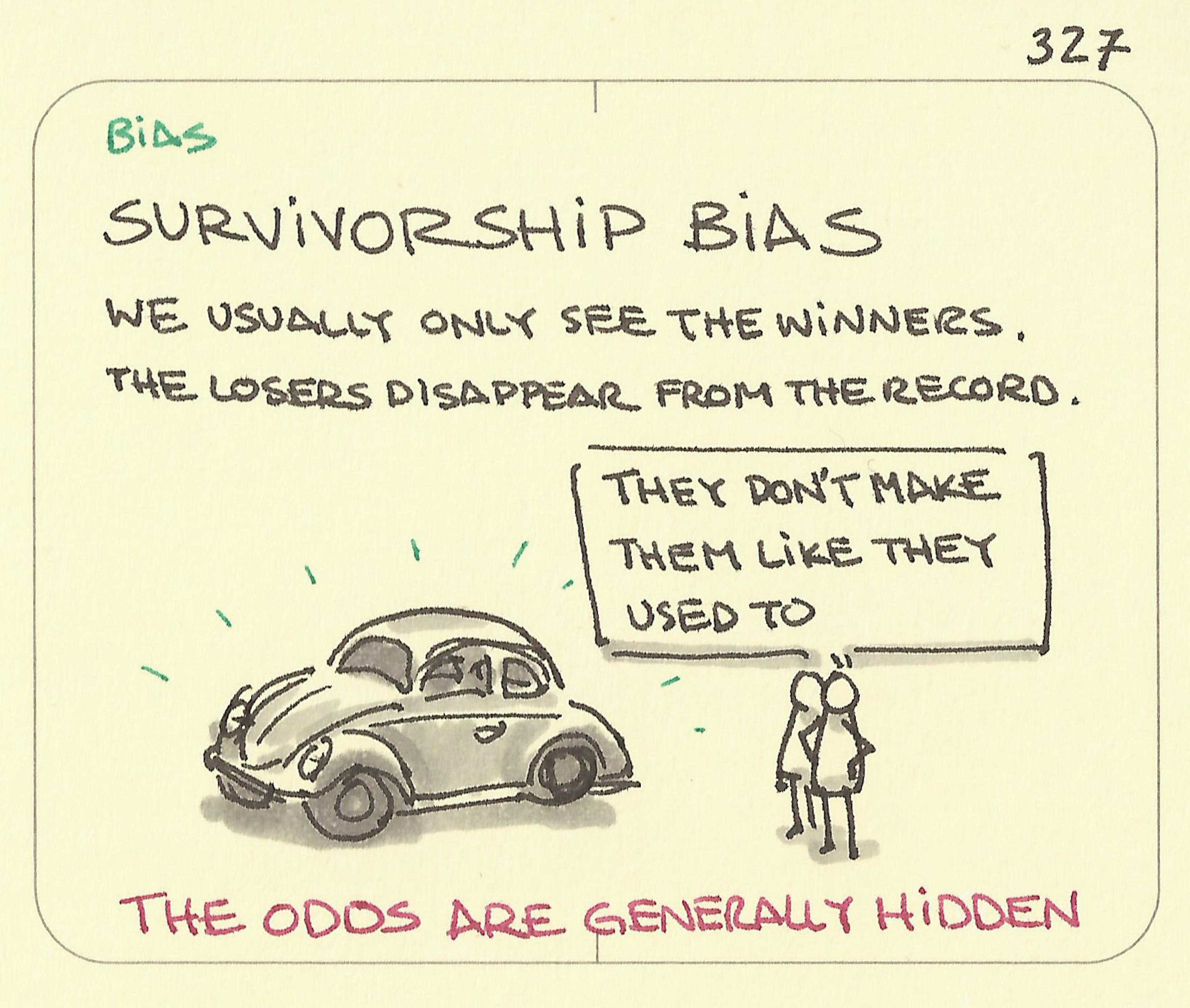 Survivorship Bias illustration: two onlookers enjoy the long-lasting, successful design of the fun, iconic Volkswagen Beetle car. One says to the other "They don't make them like they used to" - ignoring the fact that the product they see is undoubtedly the result of many failed prototype designs. 