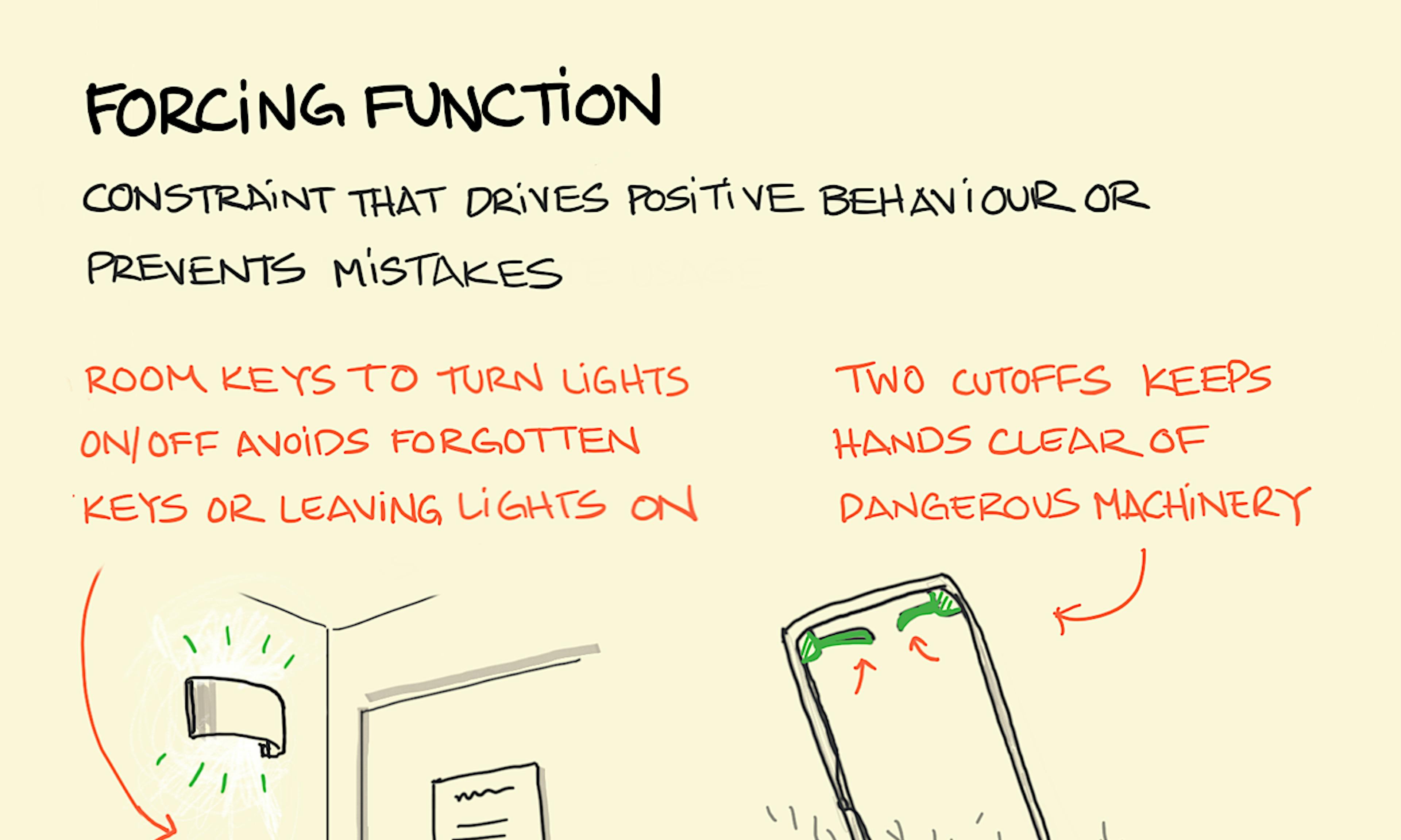 Forcing functions in design - 2 examples: a hotel room with the lights controlled by key card and a lawnmower that needs both hands to turn it on