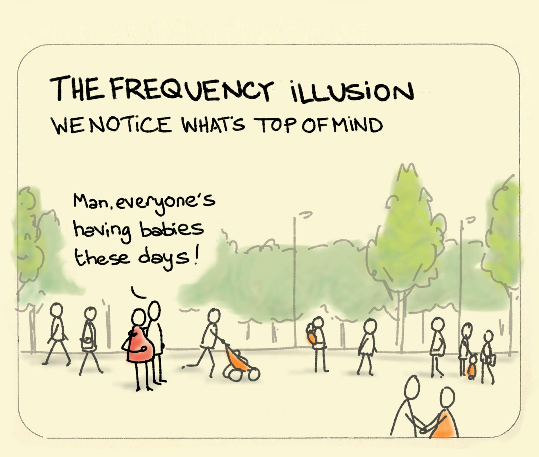 The frequency illusion explained in a sketch with an expecting couple suddenly seeing babies everywhere