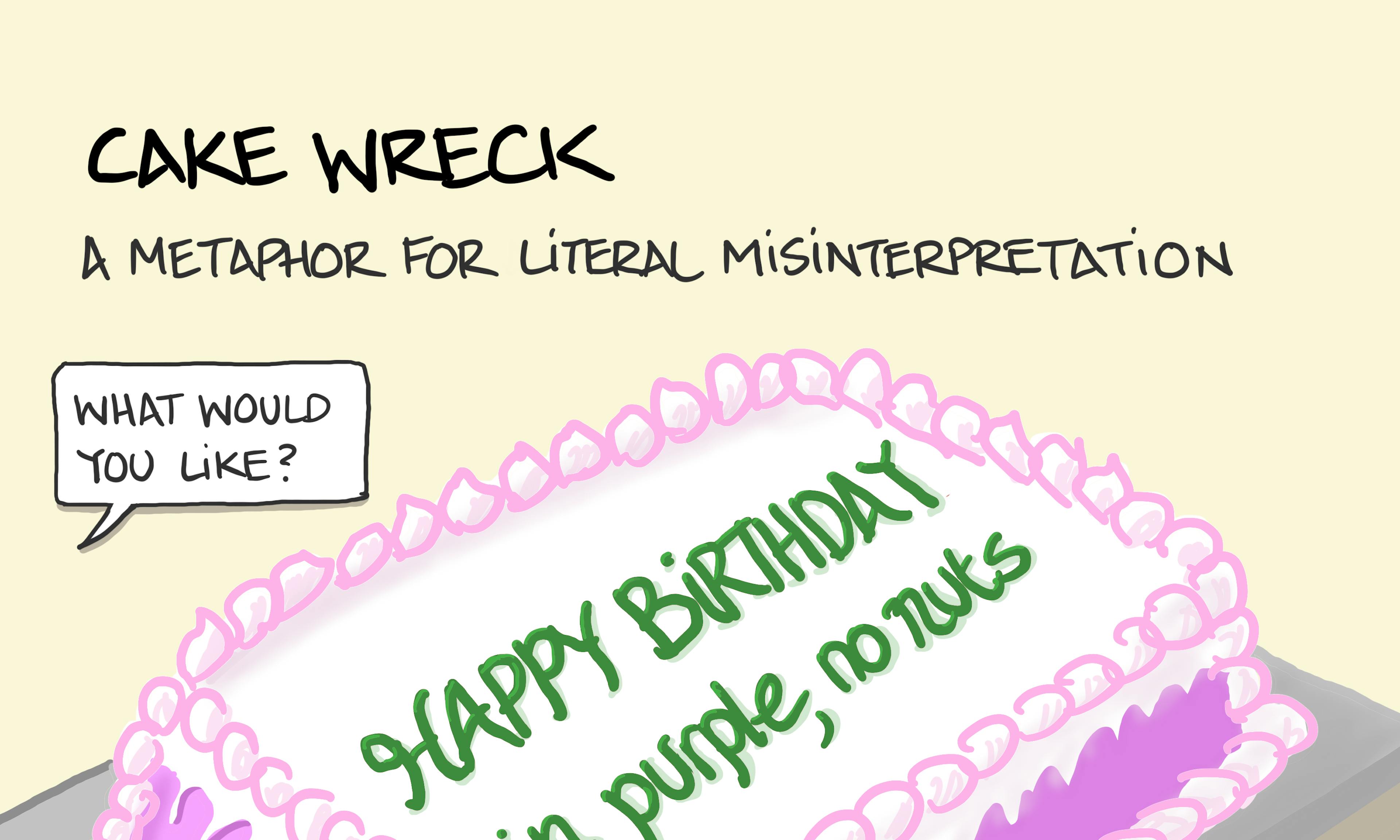 Cake wreck: a cake where instructions for the cake—"Happy birthday in purple, no nuts"—have been smartly written across the front. Intended as a metaphor for literal misinterpretation.
