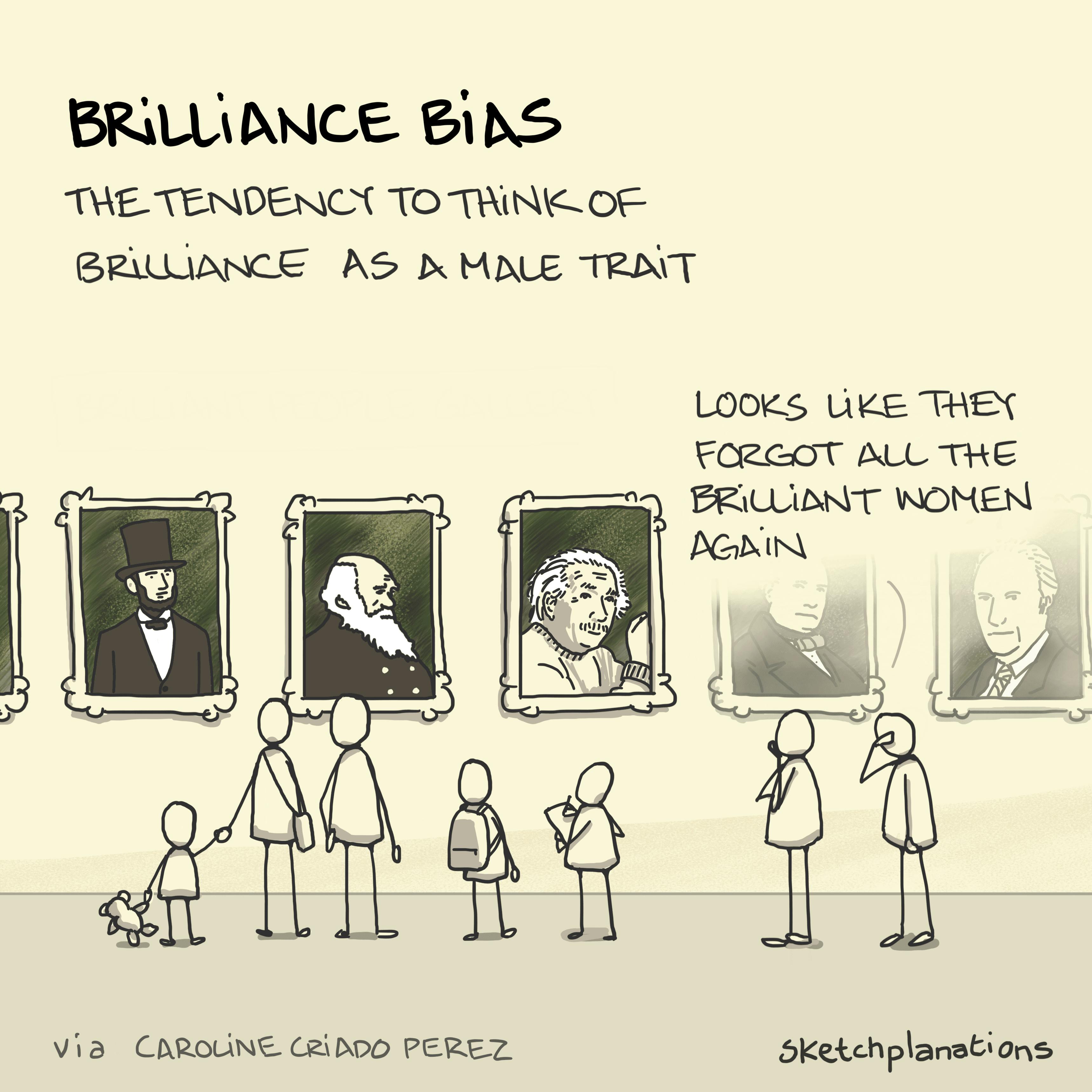 Brilliance bias: A group of people in a gallery of portraits of famous people lament that the brilliant women were forgotten again