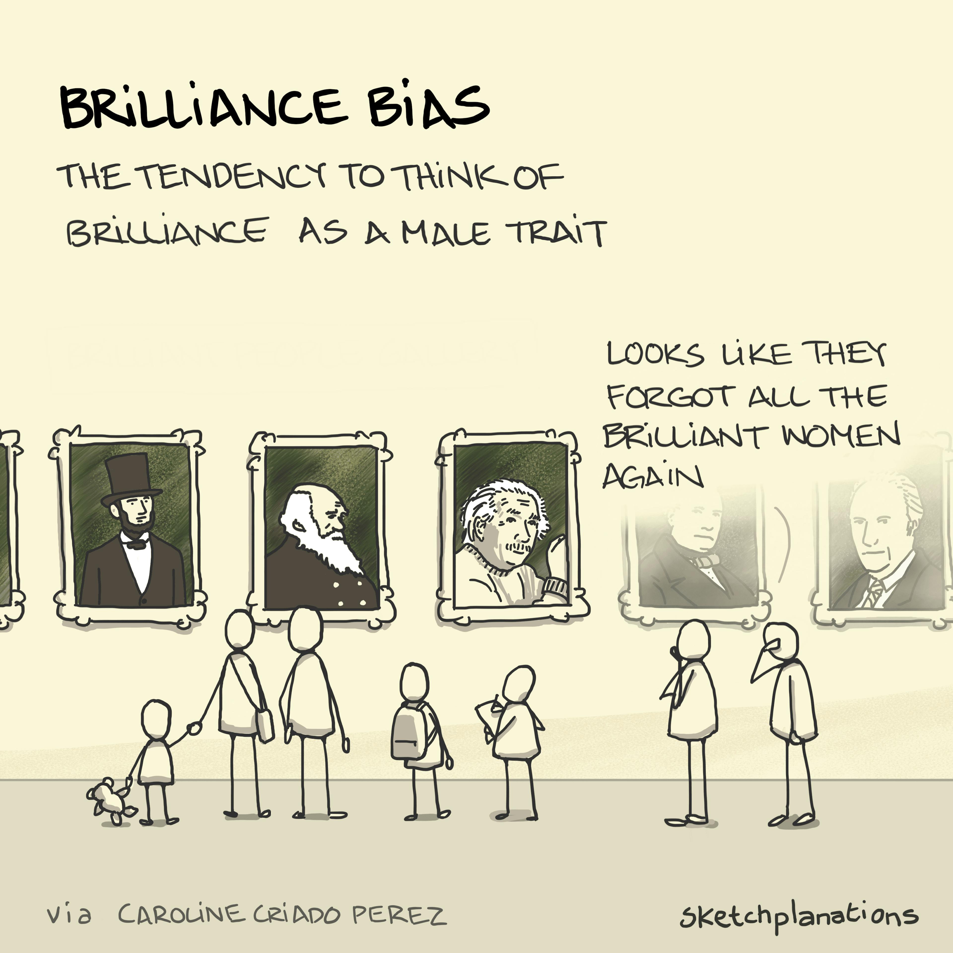 Brilliance bias: A group of people in a gallery of portraits of famous people lament that the brilliant women were forgotten again