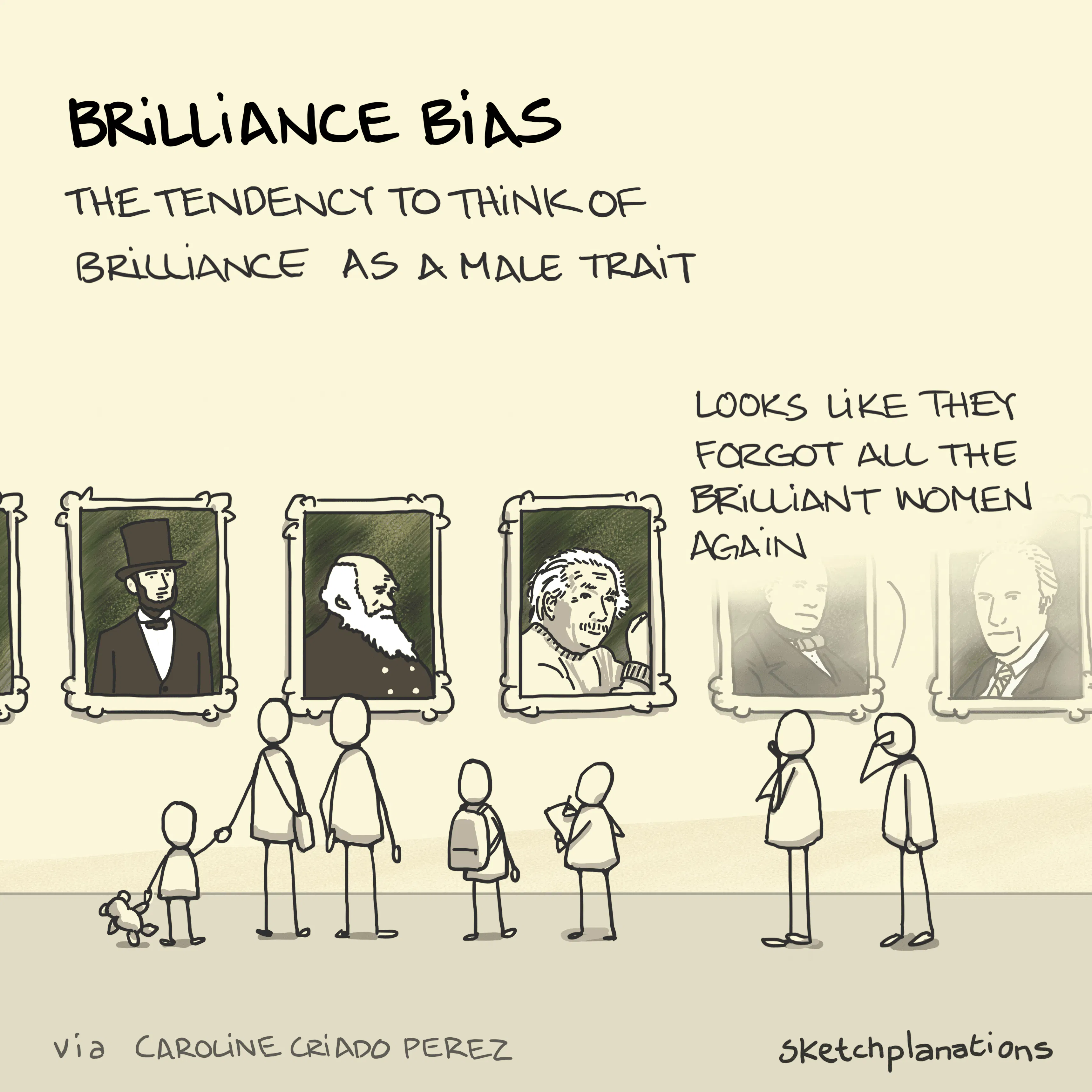 Brilliance bias: A group of people in a gallery of portraits of famous people lament that the brilliant women were forgotten again
