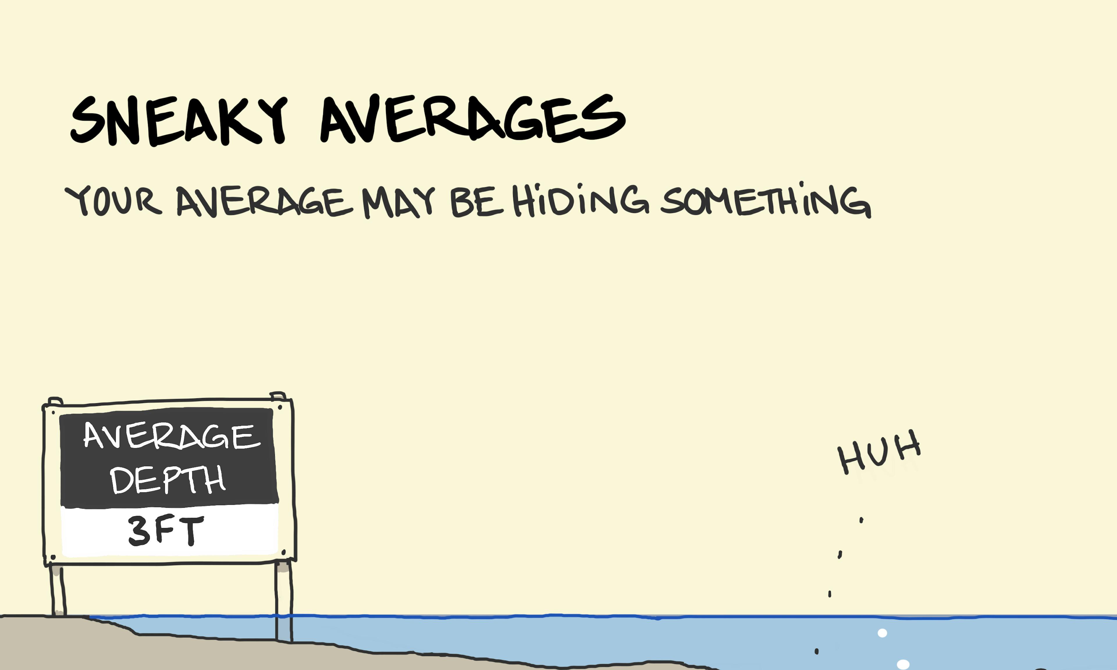 Sneaky averages: A statistician sinking in the deep part of a pond by a sign saying the average depth is 3ft