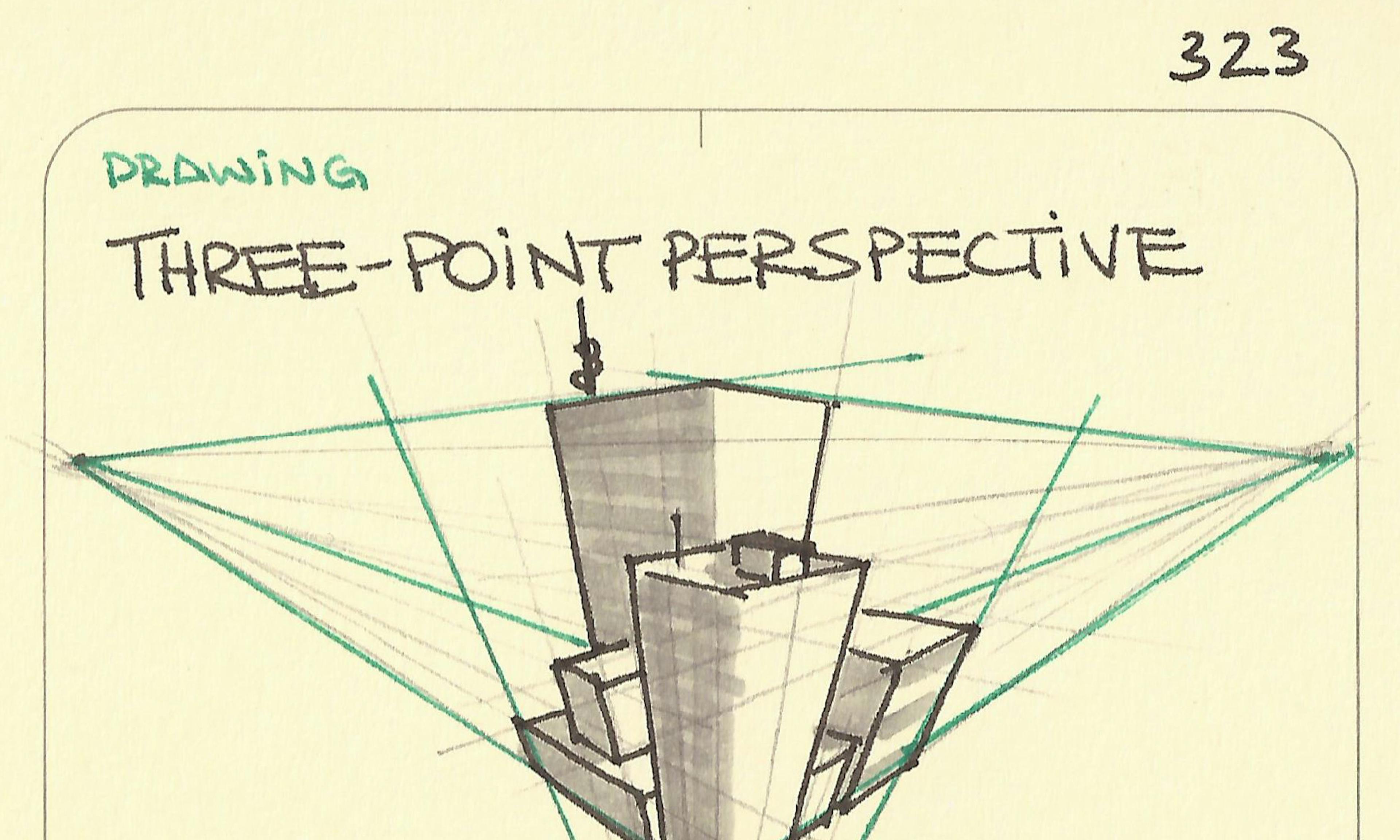Three-point perspective illustration: showing three vanishing points and the angling of tall downtown buildings
