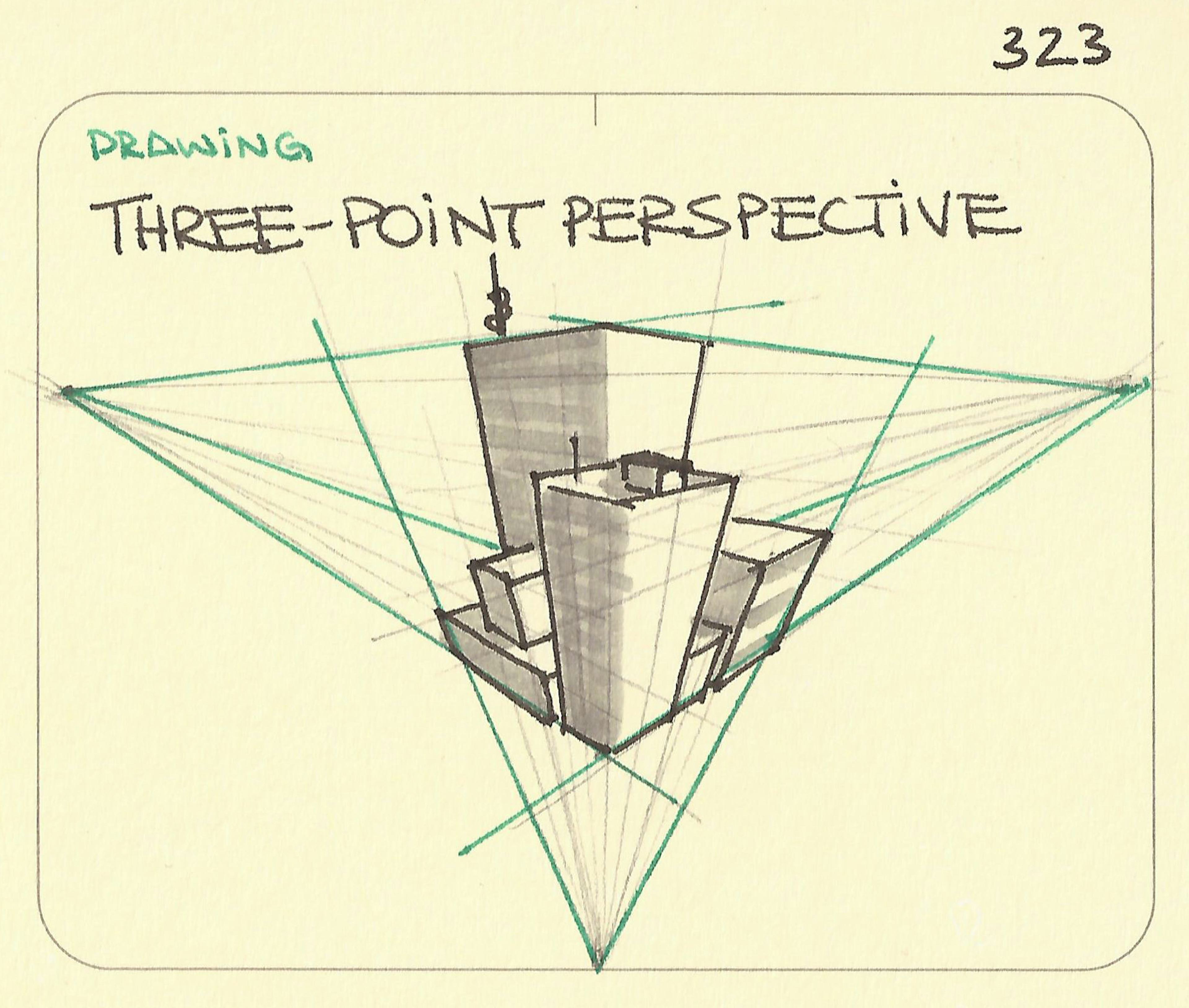 Three-point perspective illustration: showing three vanishing points and the angling of tall downtown buildings