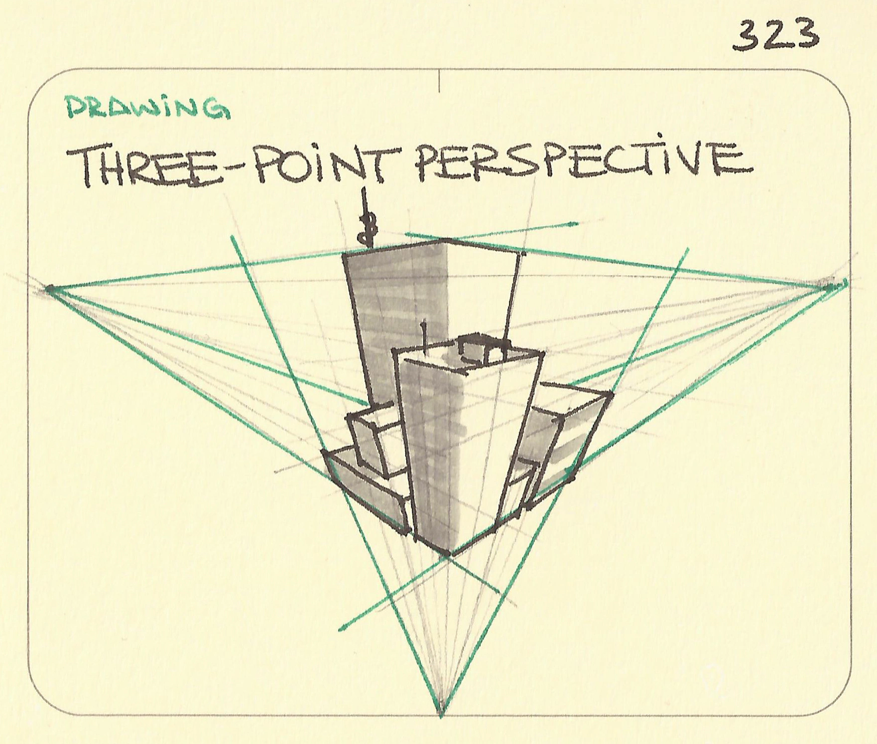 Three-point perspective illustration: showing three vanishing points and the angling of tall downtown buildings