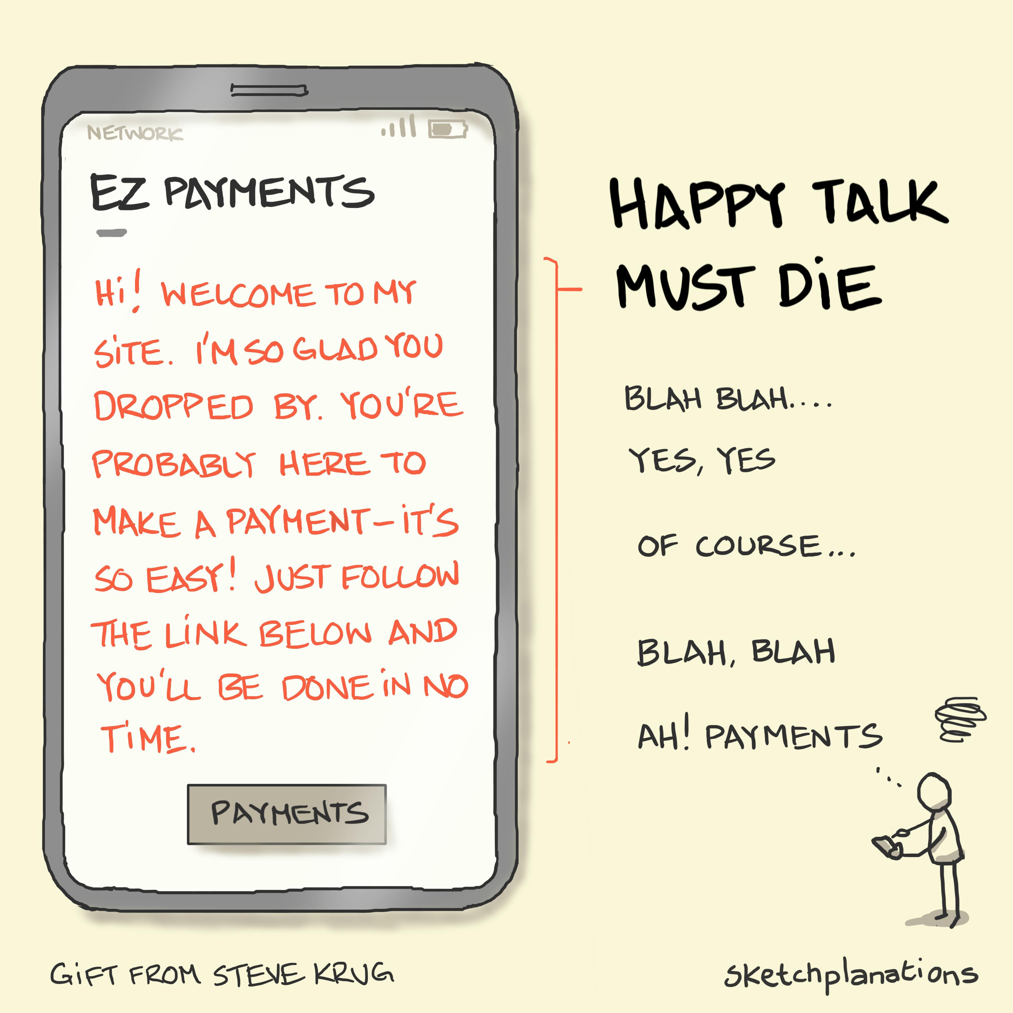 Happy Talk Must Die example: explained with an example web page with lots of useless happy talk and a person thinking blah blah as they look for the payments button