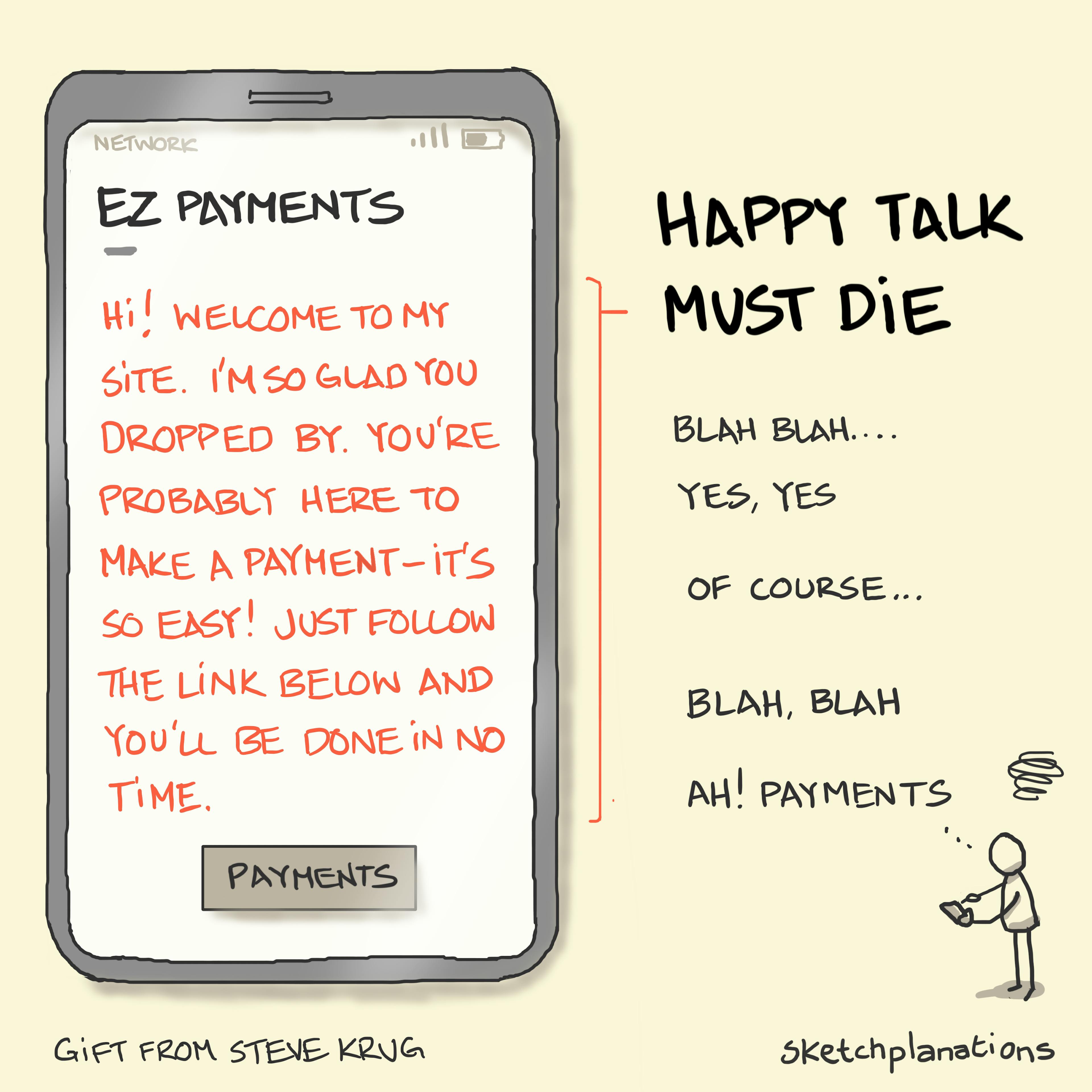 Happy Talk Must Die example: explained with an example web page with lots of useless happy talk and a person thinking blah blah as they look for the payments button