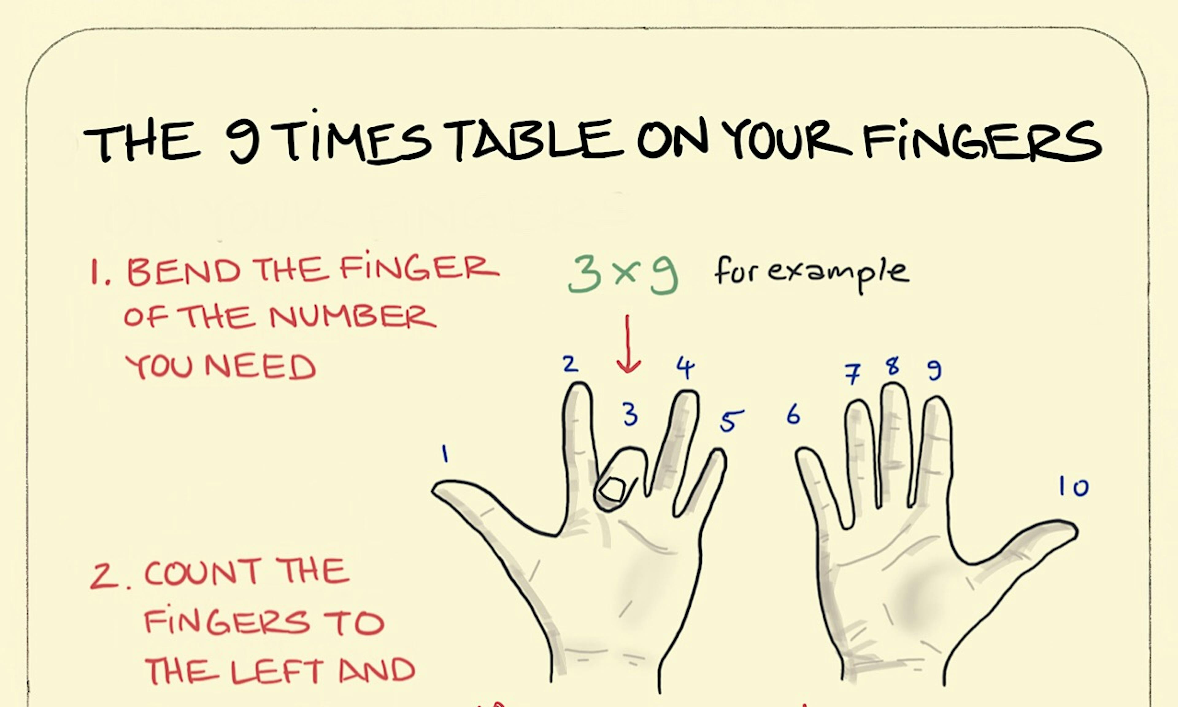 The 9-times table on your Fingers illustration: holding up both hands in front of you, the example of 3 x 9 is given; whereby the 3rd finger from the left is lowered leaving 2 fingers to the left of the gap and 7 fingers to the right. 2 and 7 gives 27.