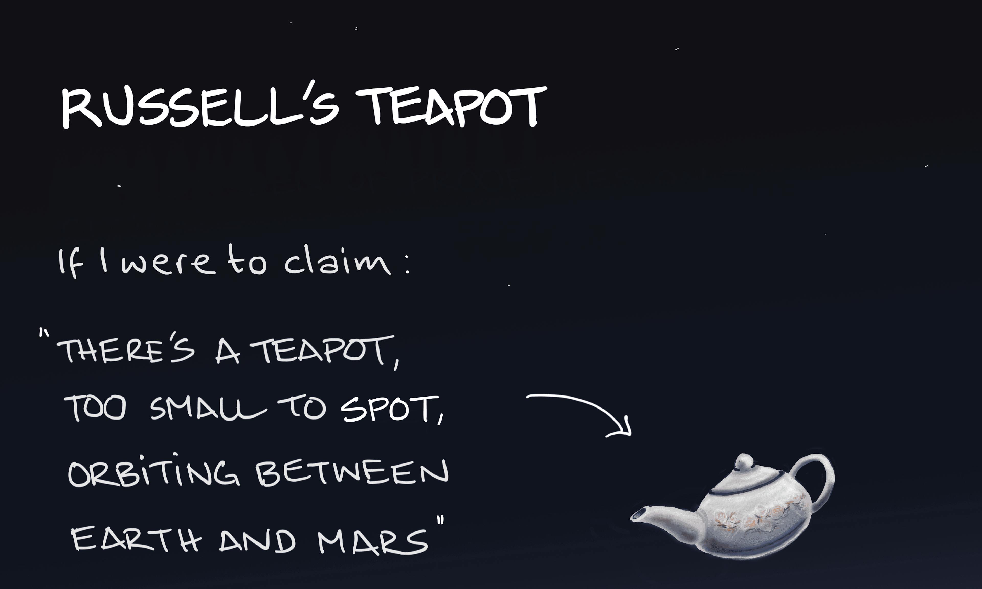 Russell's Teapot illustration: an unexceptional china teapot floats peacefully in space with part of a large burnt-red planet visible in the background. Bertrand Russell's quote fills the space: "If I were to claim "there's a teapot, too small to spot, orbiting between Earth and Mars", the burden of proof lies on me."
