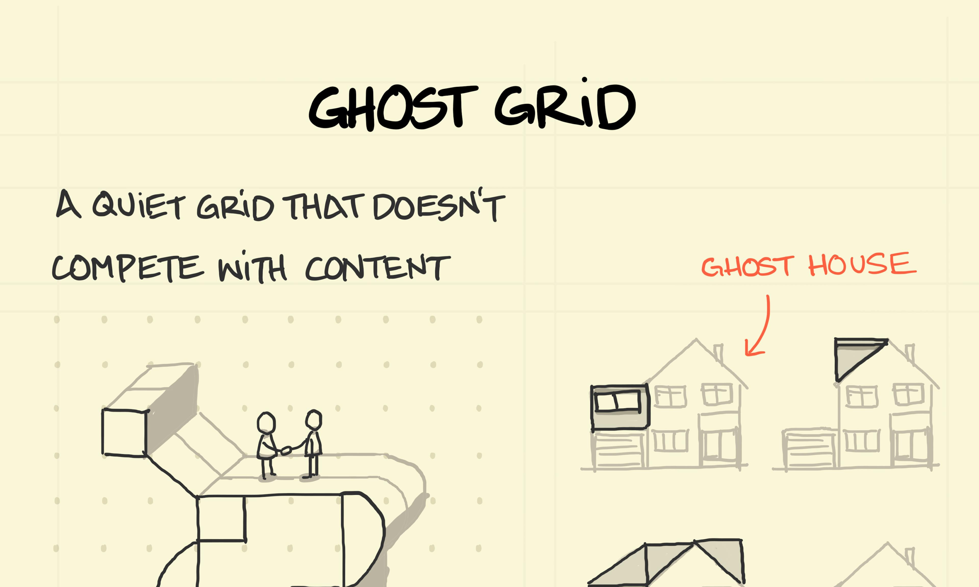 Examples of a ghost grid: a lightly dotted grid, and a grid of ghostly houses so that extension options can clearly be seen