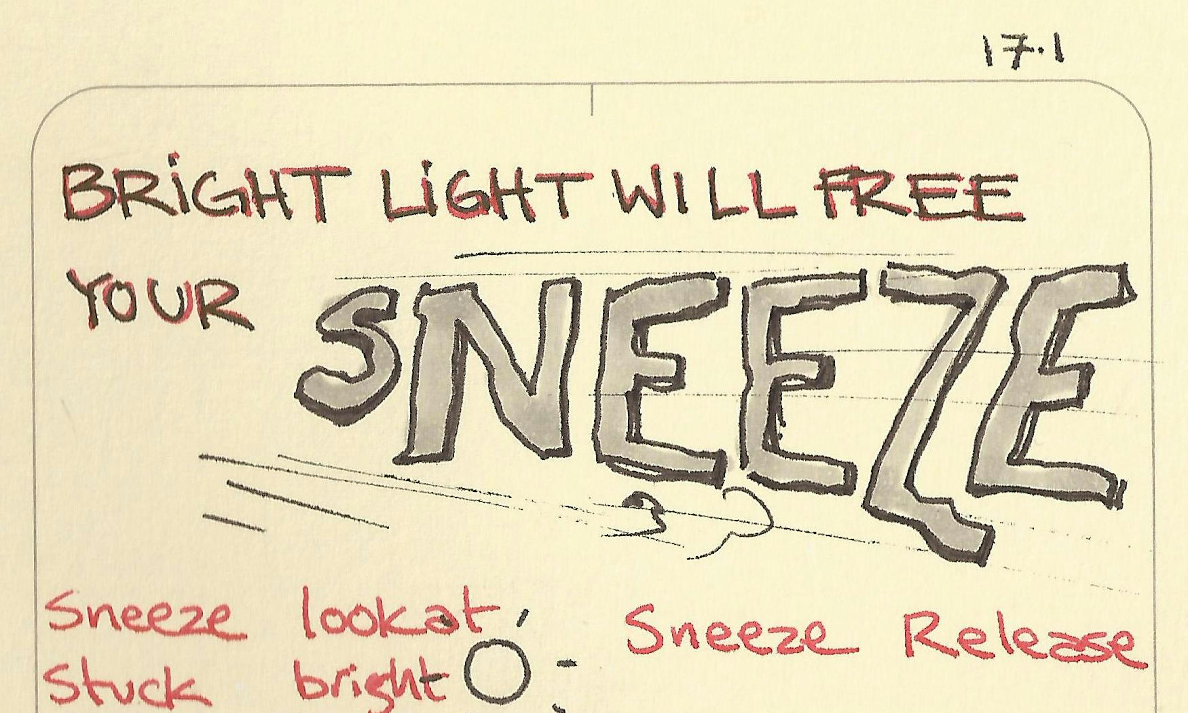 The photic sneeze - Bright light will free your sneeze illustration: showing the photic sneeze when a person has a sneeze stuck and releases it by looking at a bright light