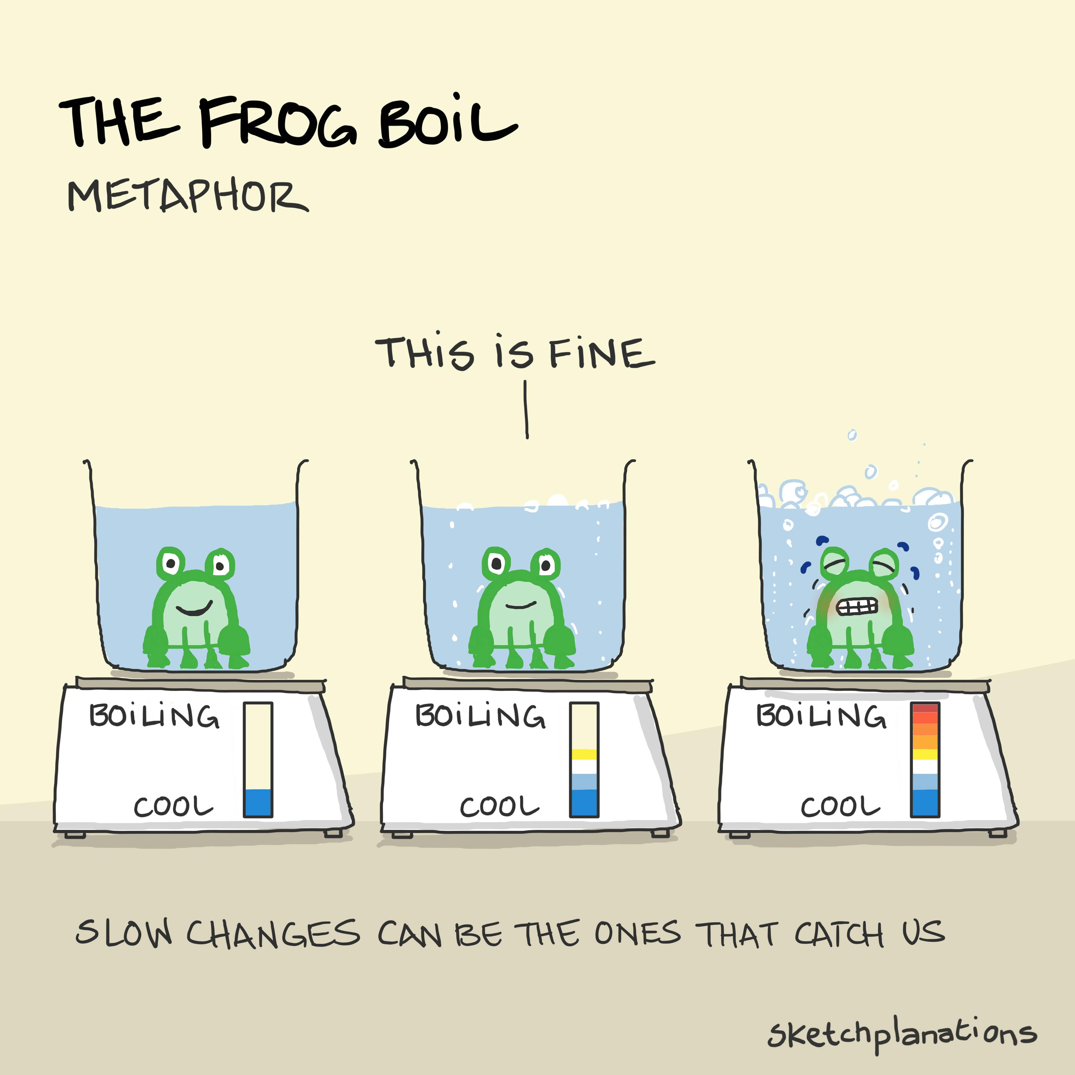 The frog boil metaphor illustration: showing a frog put into cool water that is slowly raised not complaining until it's too late. Poor frog. Don't try this.
