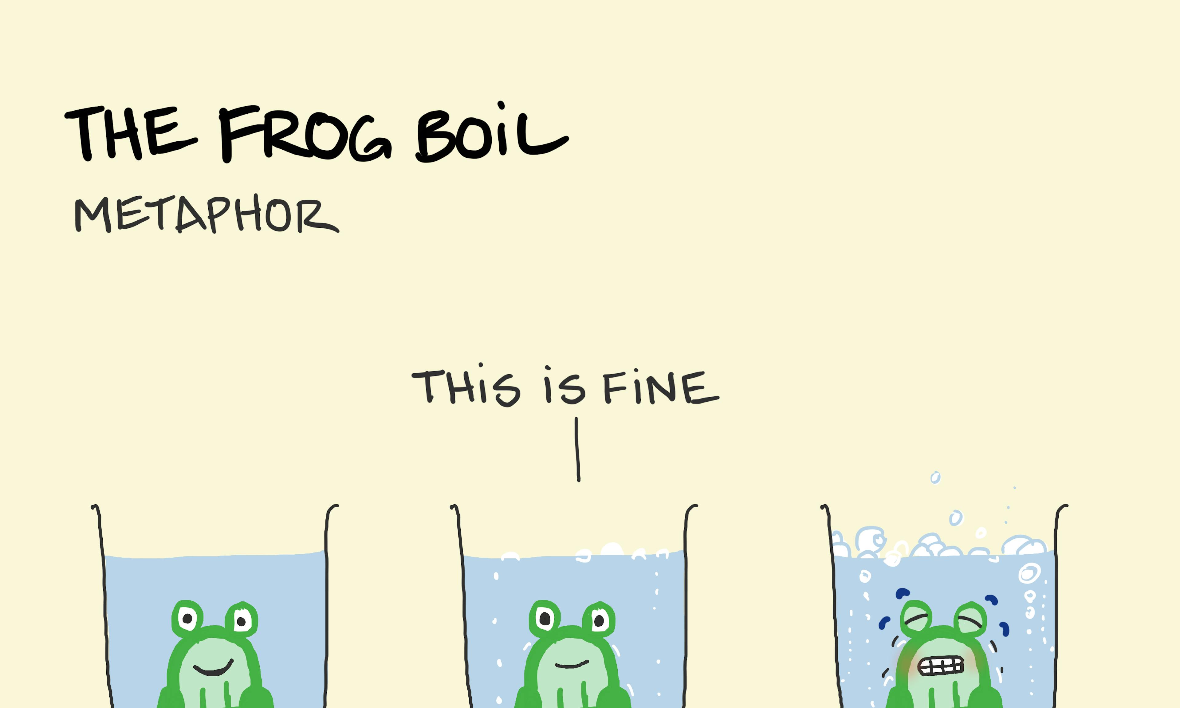 The frog boil metaphor illustration: showing a frog put into cool water that is slowly raised not complaining until it's too late. Poor frog. Don't try this.