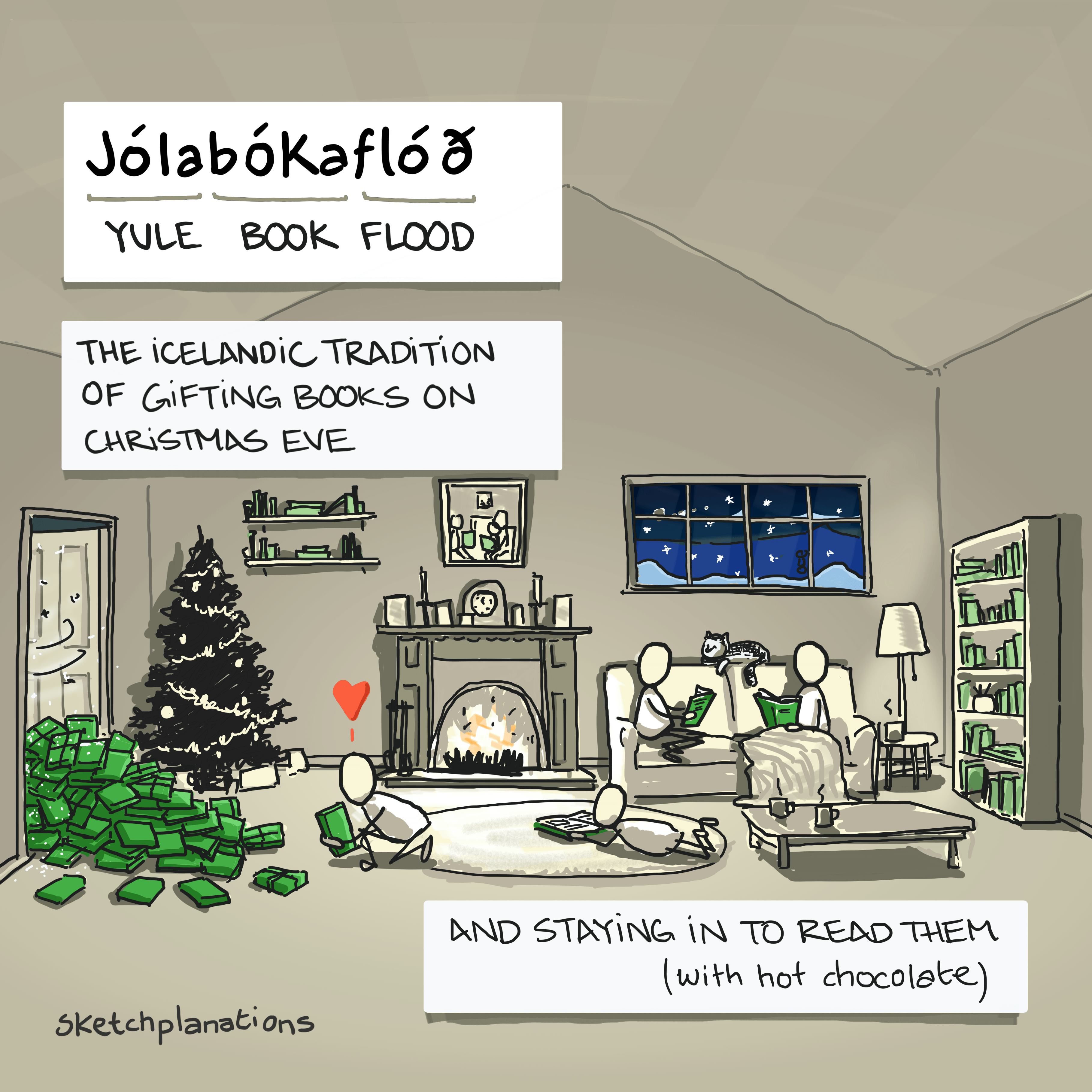 Jólabókaflóð (Jolabokaflod) illustration: The Icelandic Christmas book flood with books flooding through a cosy cabin door and other housemates quietly reading near the fire with hot chocolate. Also, Jólabókaflóðið