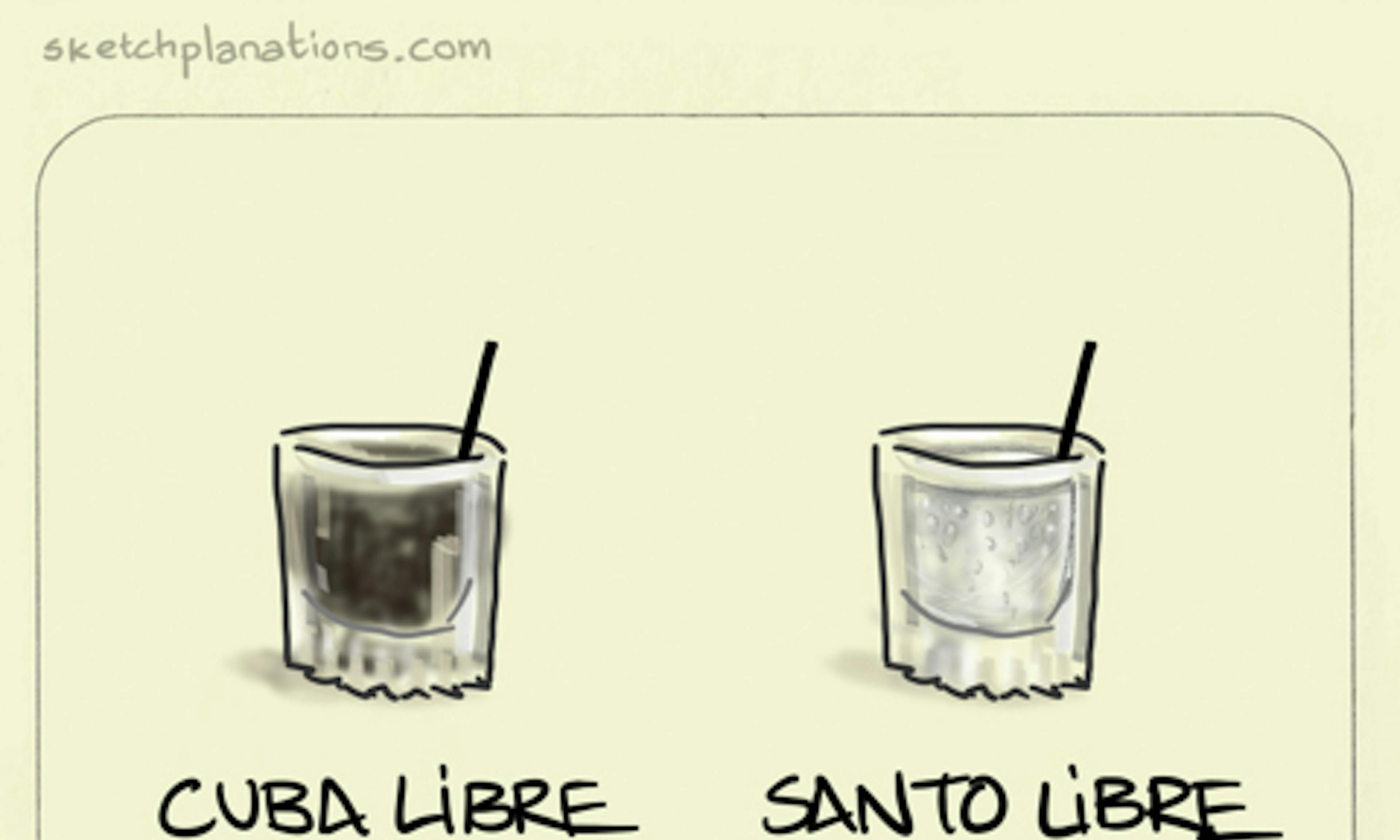 Santo Libre & Cuba Libre illustration: a dark drink on the left is a Cuba Libre (rum & coke). A clear drink on the right is a Santo Libre (rum & lemonade)