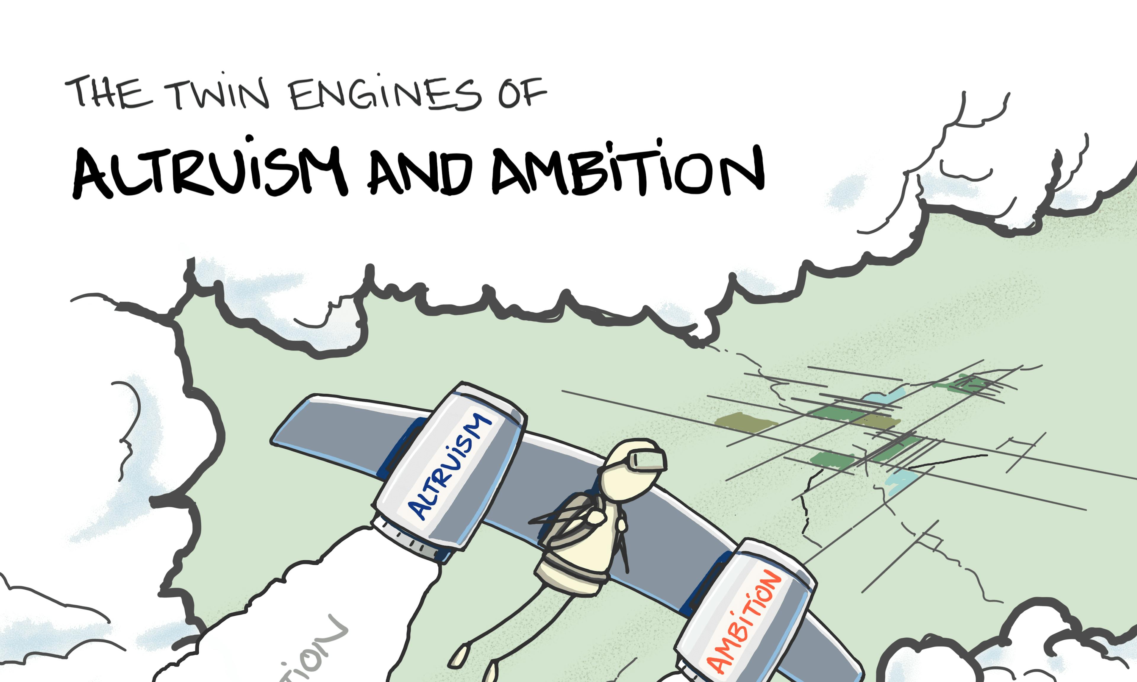 Altruism and Ambition Richard Reed quote illustration: a determined character soars through the clouds miles above the earth below and has a large wing strapped to their back. On the left hand side of the wing is a jet engine labelled "Altruism". On the right hand side is a jet engine labelled "Ambition".