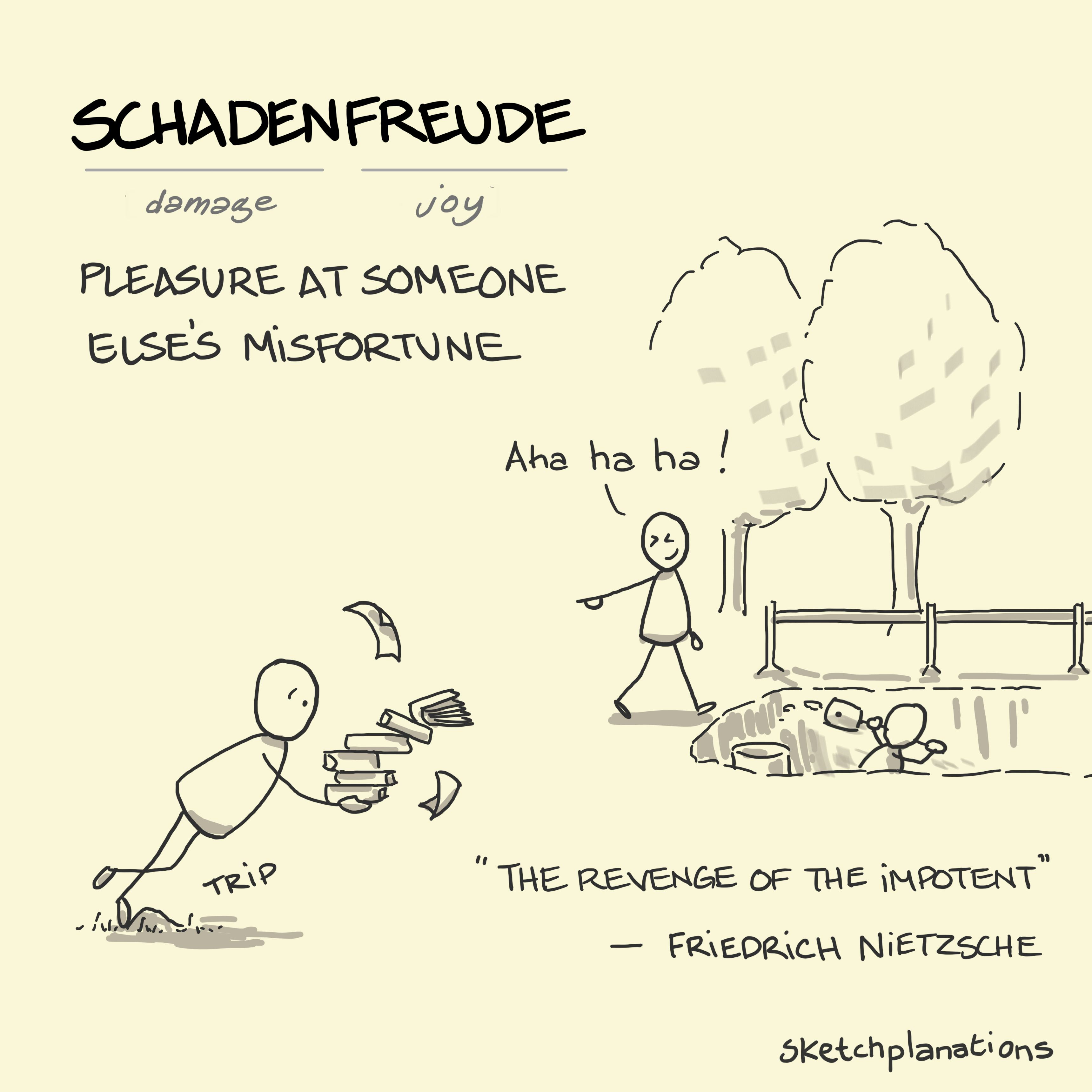 Schadenfreude illustration: a double layer of schadenfreude as an onlooker laughing at someone tripping is about to fall into a hole and get their comeuppance
