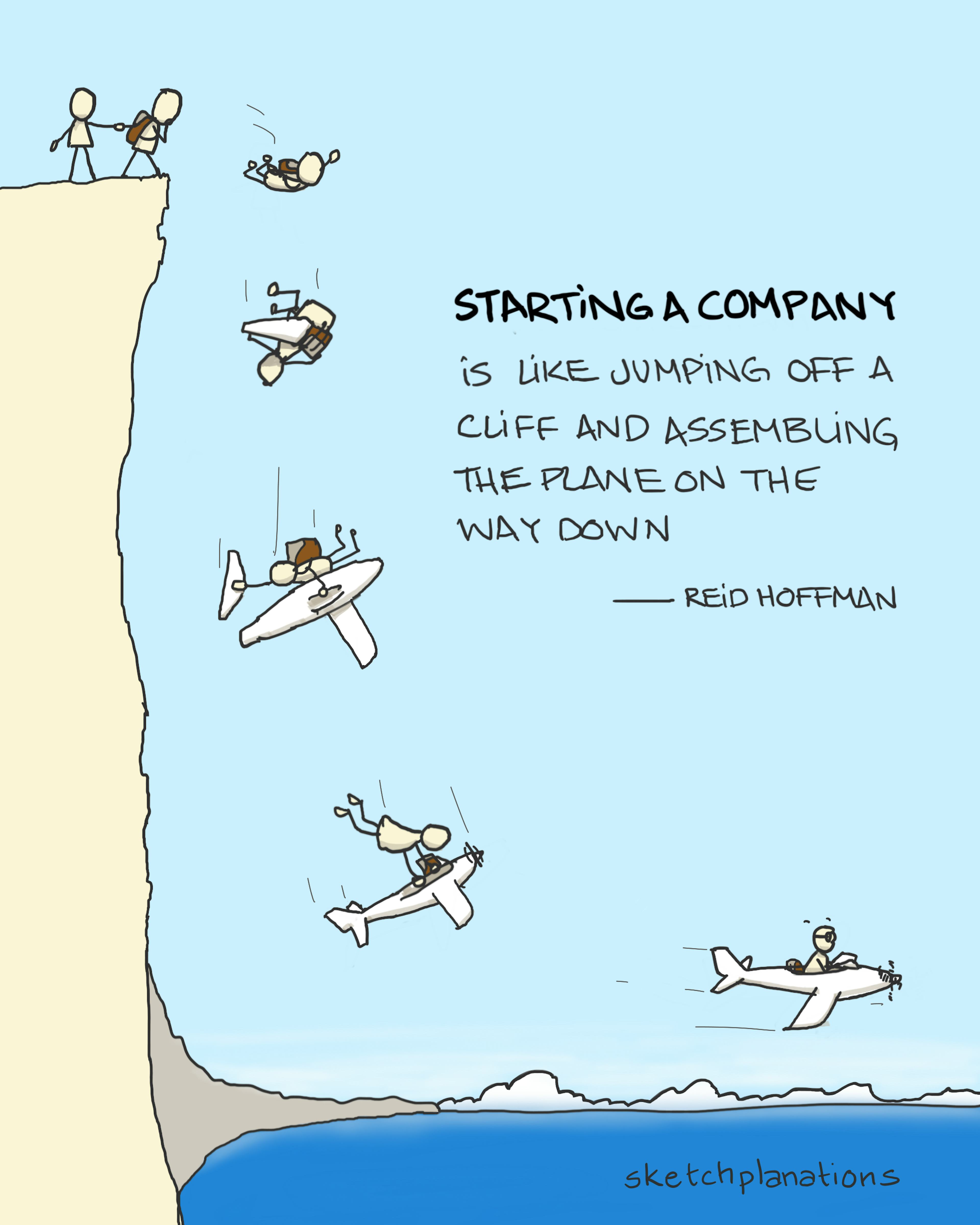 Starting a Company - Reid Hoffman quote illustration: a brave soul leaps off a tall coastal cliff with only a backpack for survival. On their way down, they quickly assemble a plane from the components in the backpack and pilot it away from the beckoning sea - just in time! Written in the sky is the quote: "Starting a Company is like jumping off a cliff and assembling a plane on the way down."