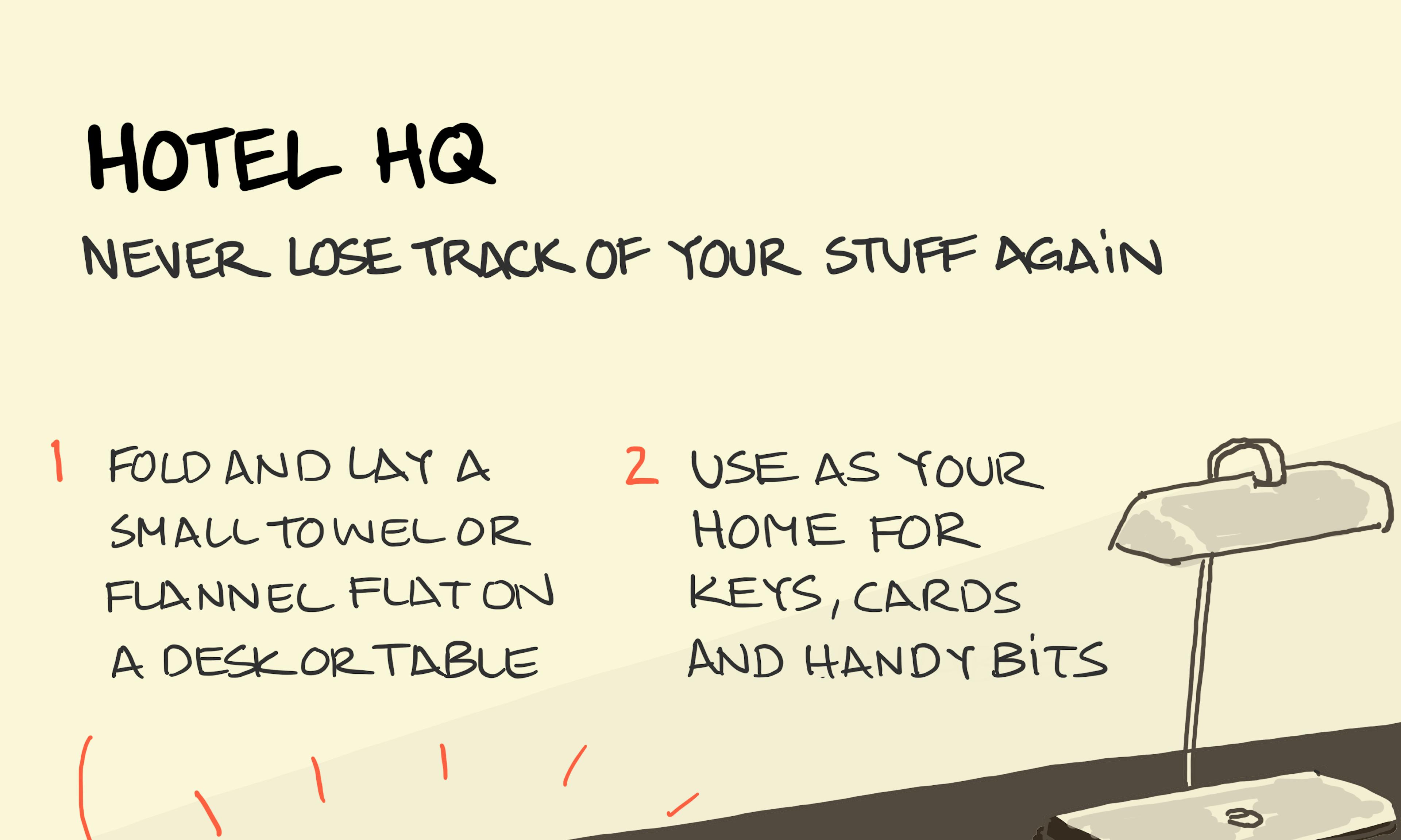 Hotel HQ: using a folded flannel on a desk as a base for important bits like room keys and wallet