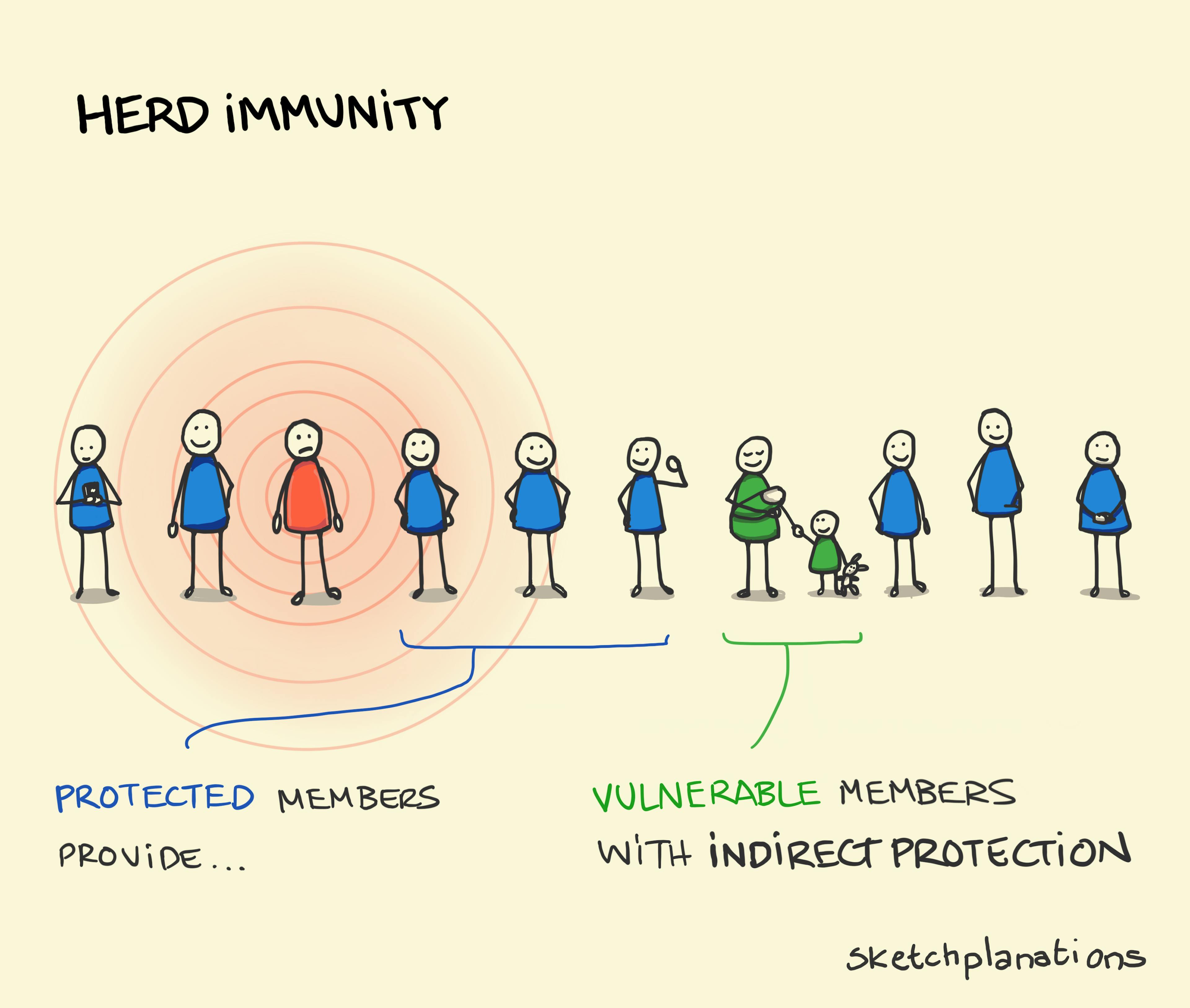 Herd Immunity illustration: in a line of 10 people, we see how members of a society immunised or protected from a disease or infection (in blue) can act as a buffer between unprotected members (in red) and those vulnerable to infection (in green). 