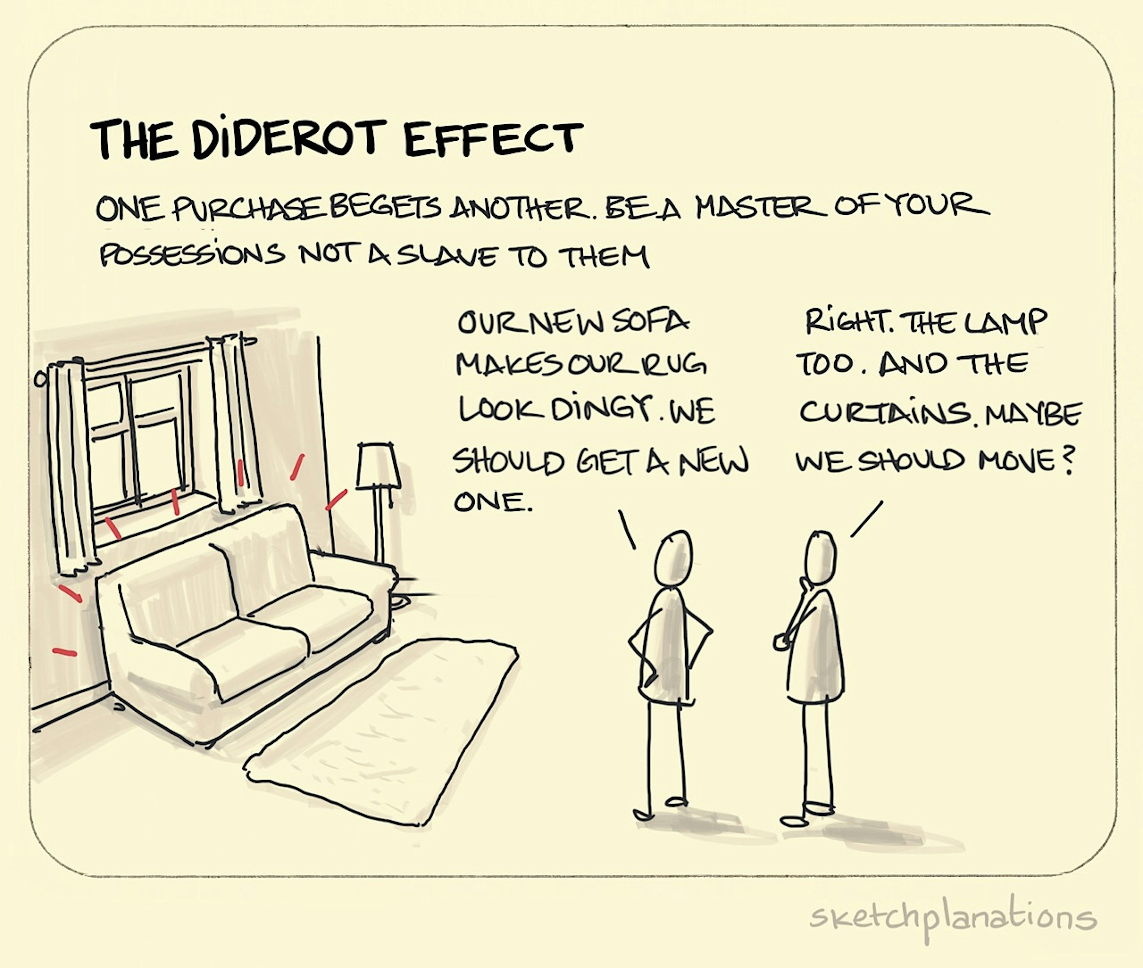 The Diderot Effect illustration: As two residents admire the brand new sofa they've brought into their living room, they remark how it now shows up the old rug and the old lamp and the old curtains. Oh dear. 
