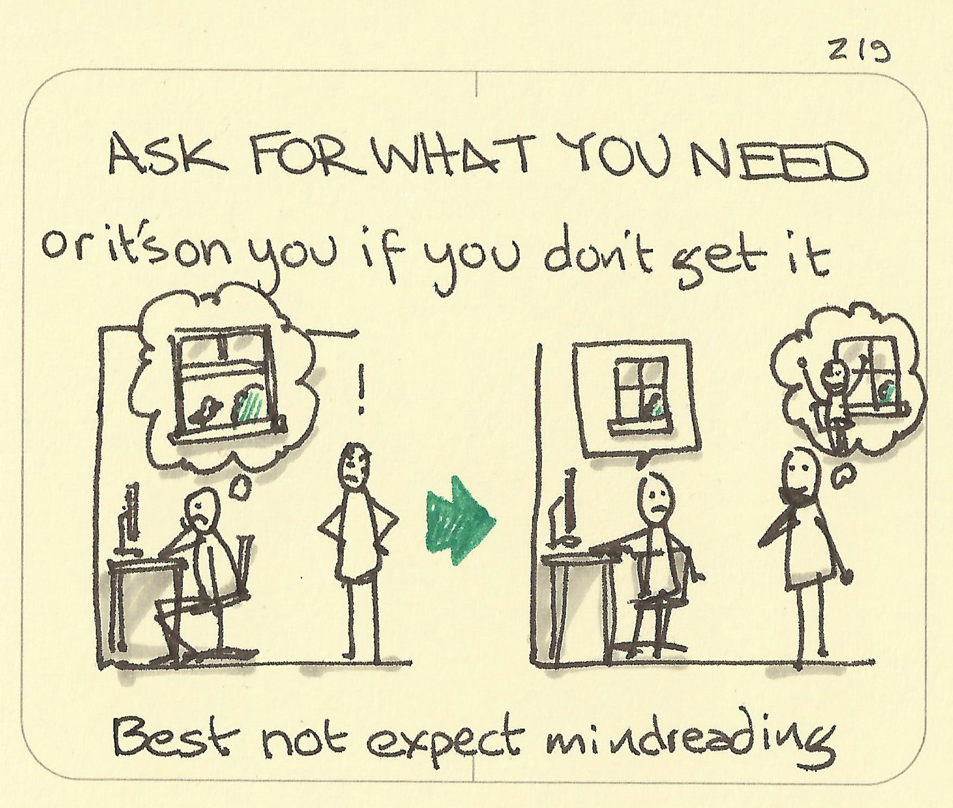 An office worker glumly thinks about their lack of window while a frustrated manager looks on which is transformed when the employee asks for a window