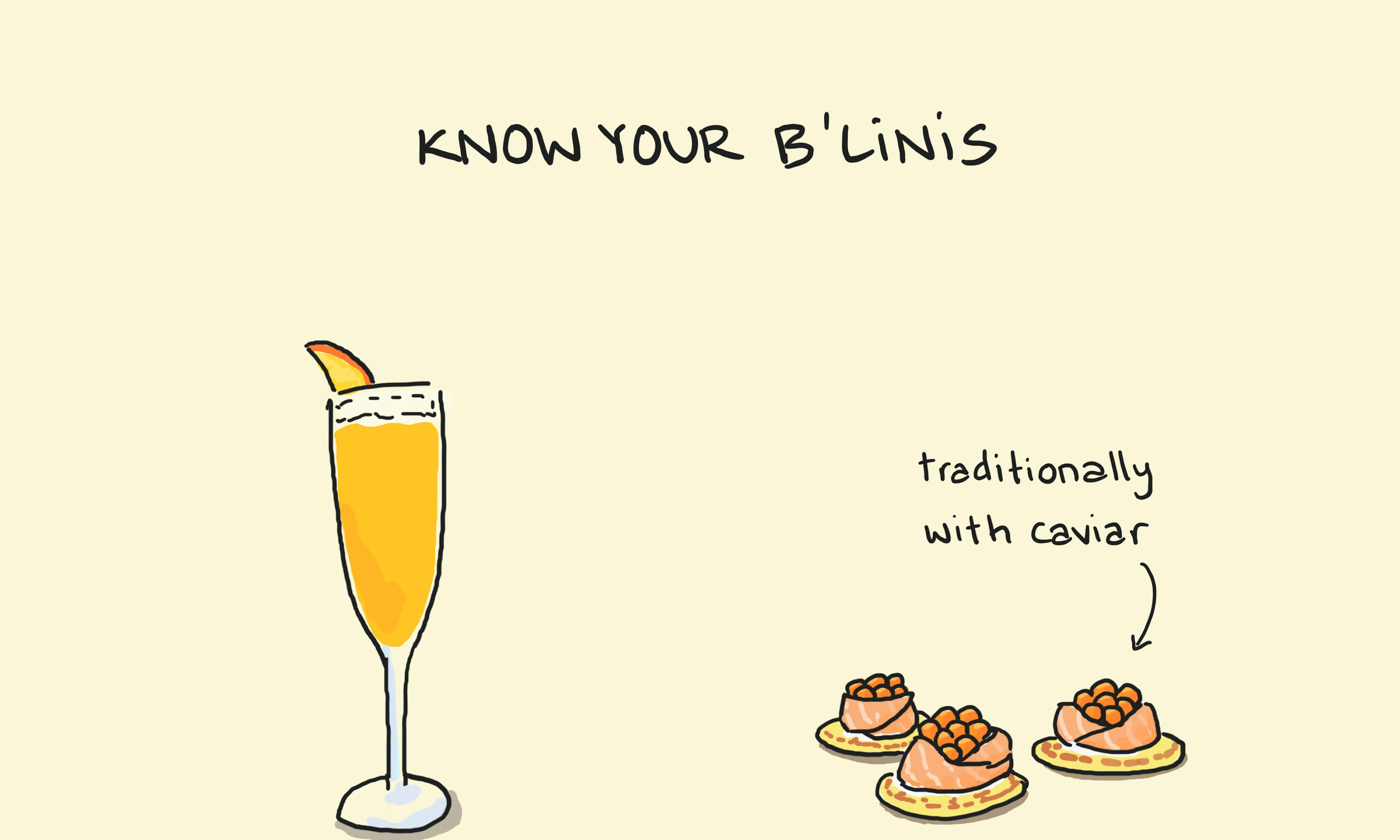 Bellini or blini illustration: a glass of a bellini—a prosecco and peach cocktail—shown next to blini—small Russian pancakes with smoked salmon and caviar