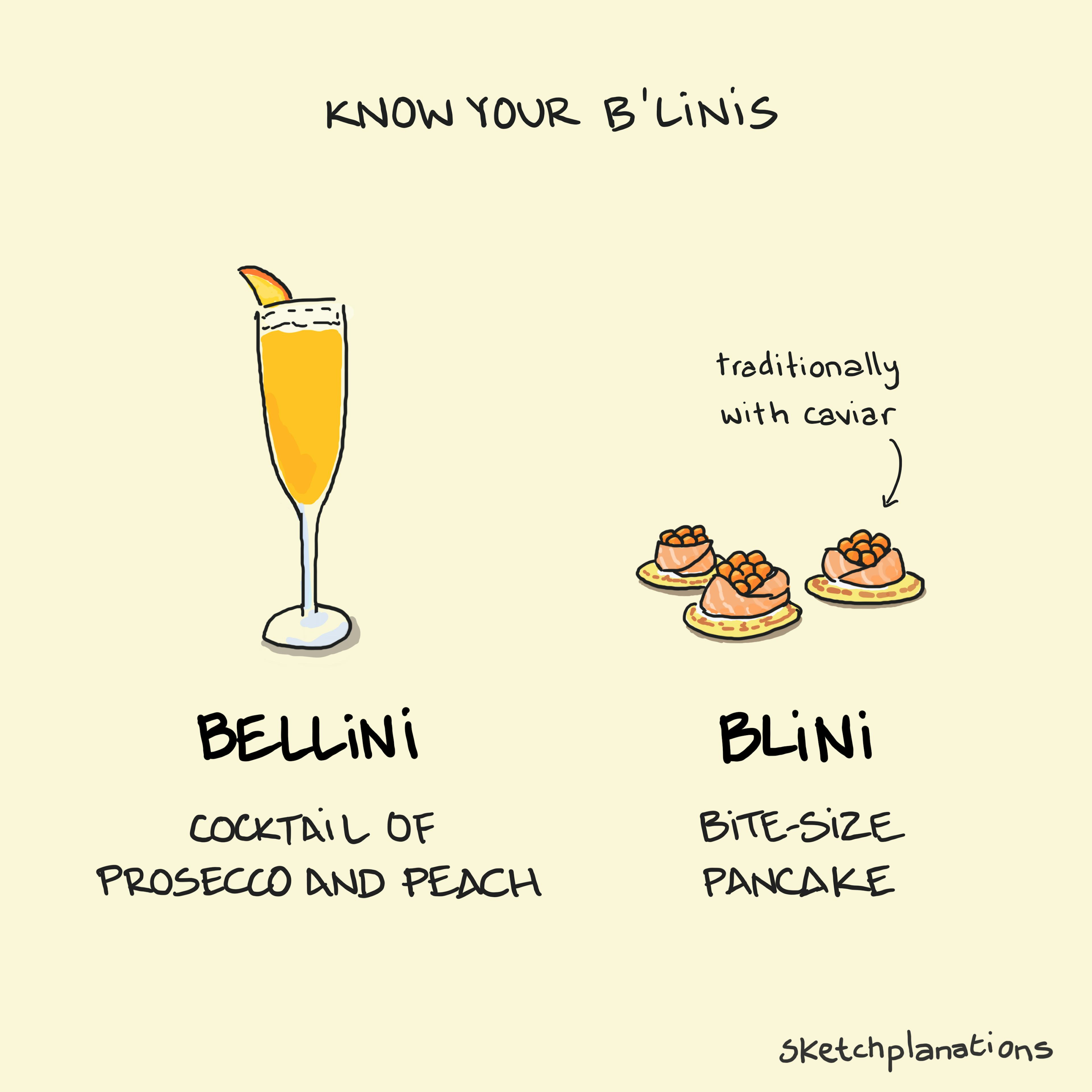 Bellini or blini illustration: a glass of a bellini—a prosecco and peach cocktail—shown next to blini—small Russian pancakes with smoked salmon and caviar