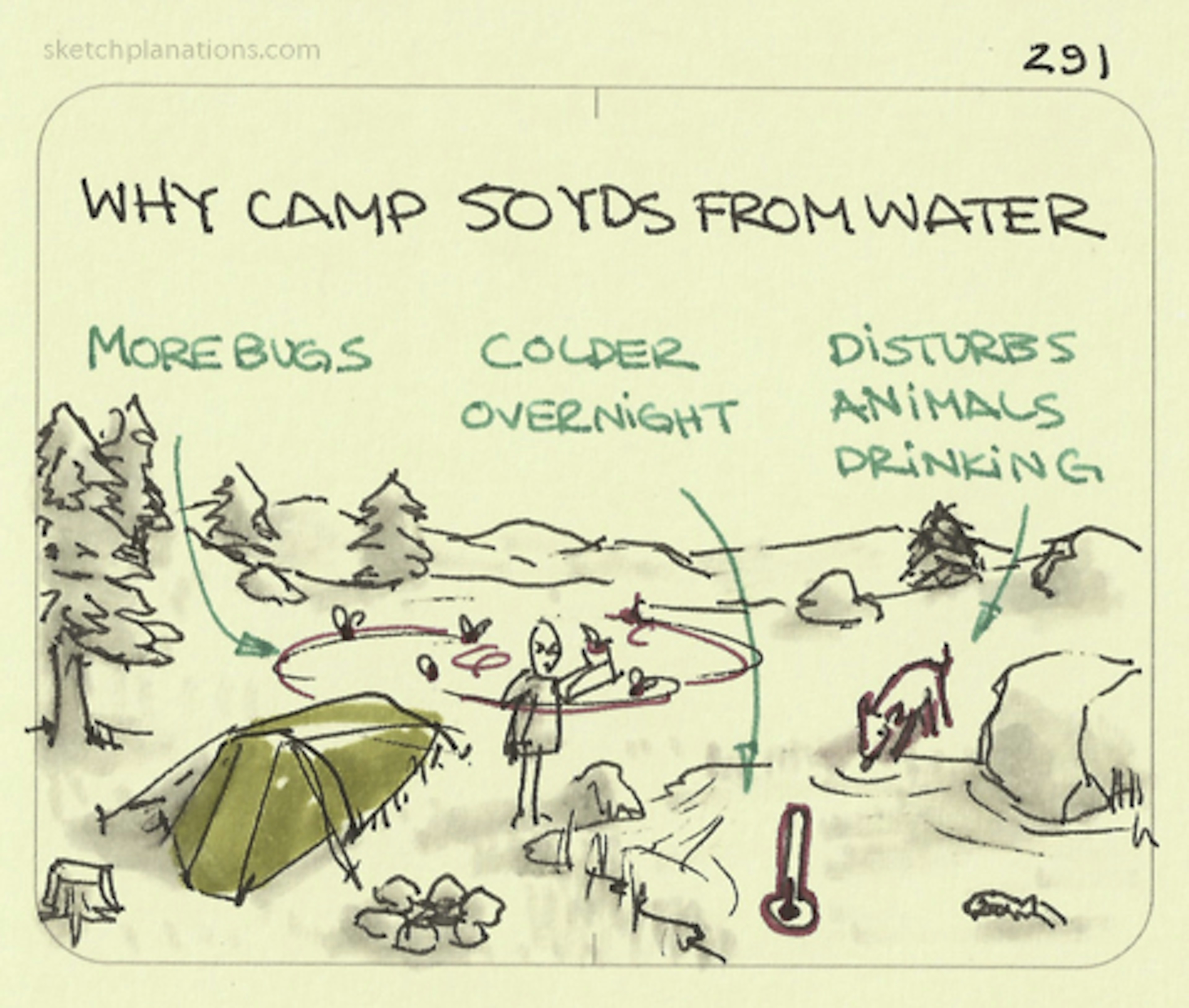 A chilly camper circled by mosquitoes disturbing an animal come to drink