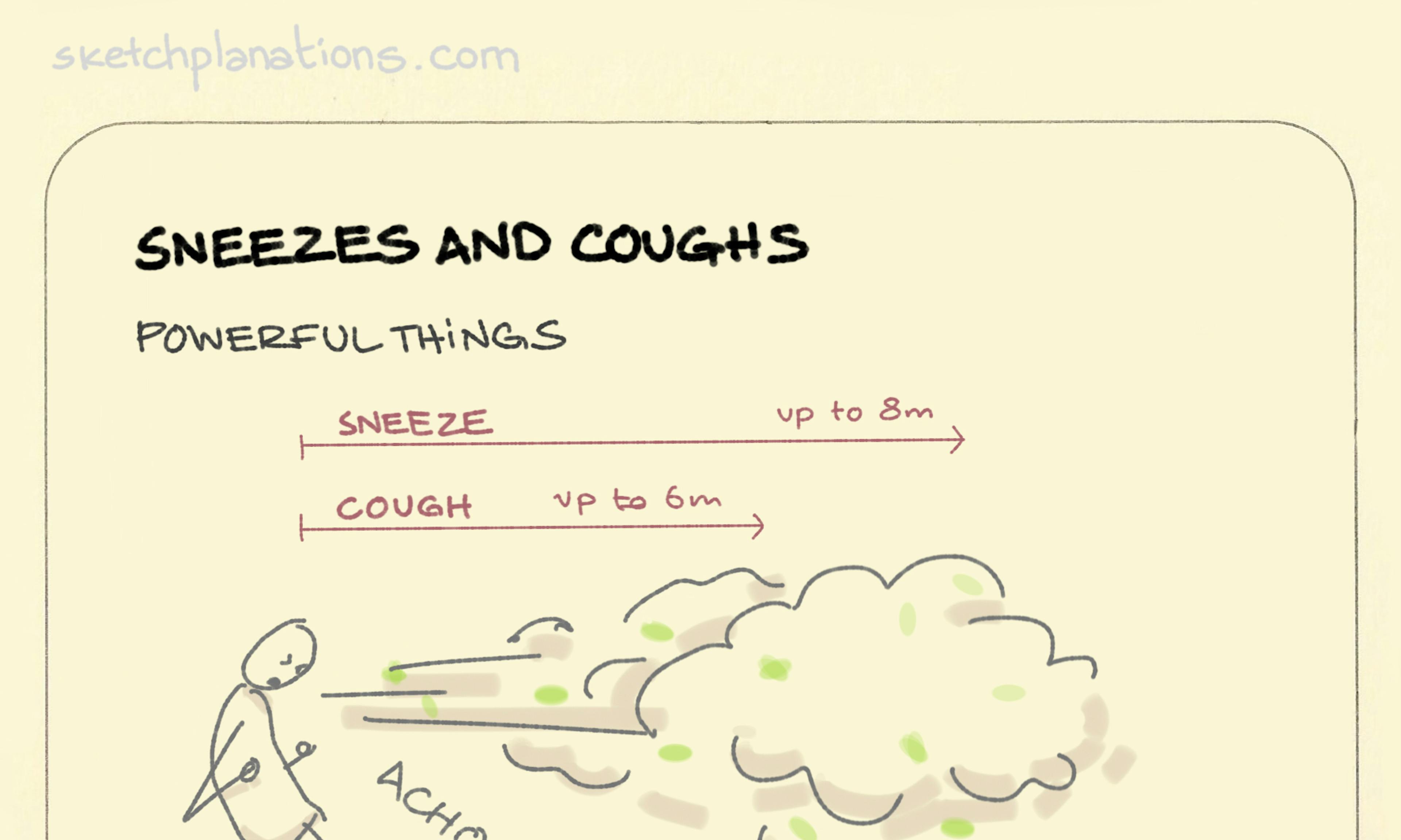 Sneezes can travel up to 8 metres and coughs up to 6m. Cover your coughs and sneezes.