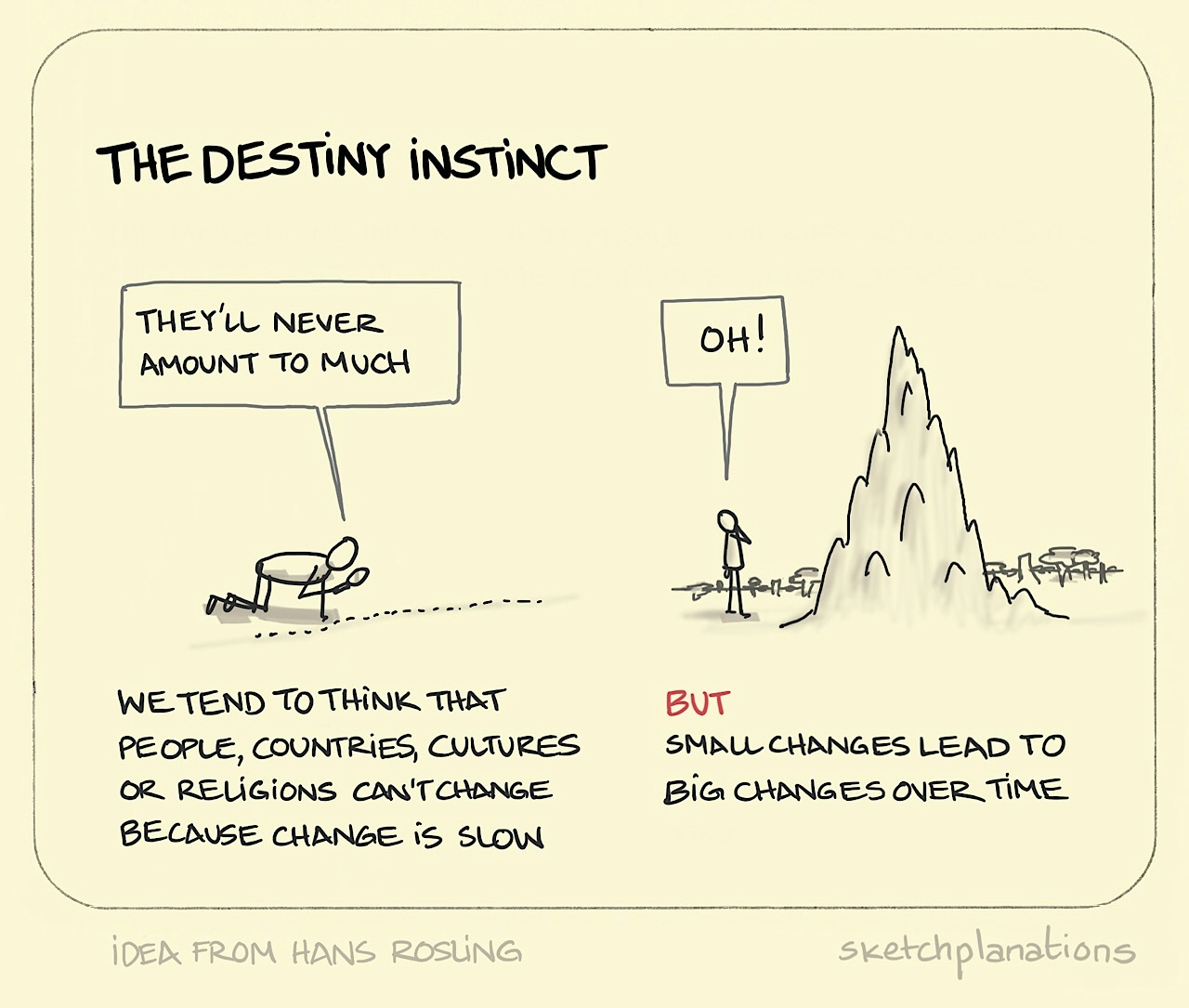 What is The Destiny Instinct example explained: the meaning of the destiny instinct shown by an individual, bent over on hands and knees, inspecting a line of ants through their magnifying glass. At some point later in time, they return to find an enormous anthill that towers overhead.