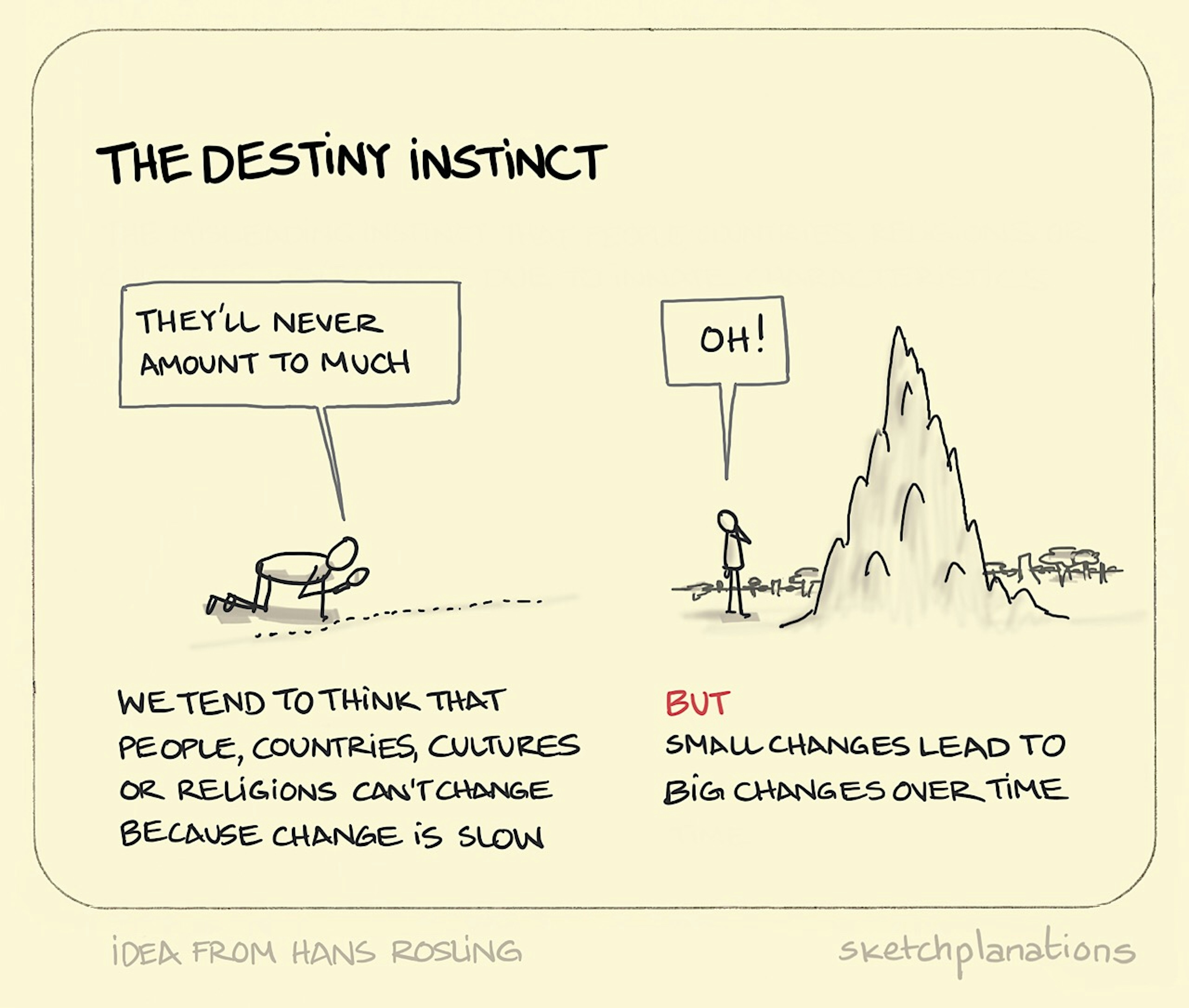 What is The Destiny Instinct example explained: the meaning of the destiny instinct shown by an individual, bent over on hands and knees, inspecting a line of ants through their magnifying glass. At some point later in time, they return to find an enormous anthill that towers overhead. 