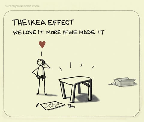 The IKEA effect: a person contemplates with affection their newly assembled, if slightly wobbly, table