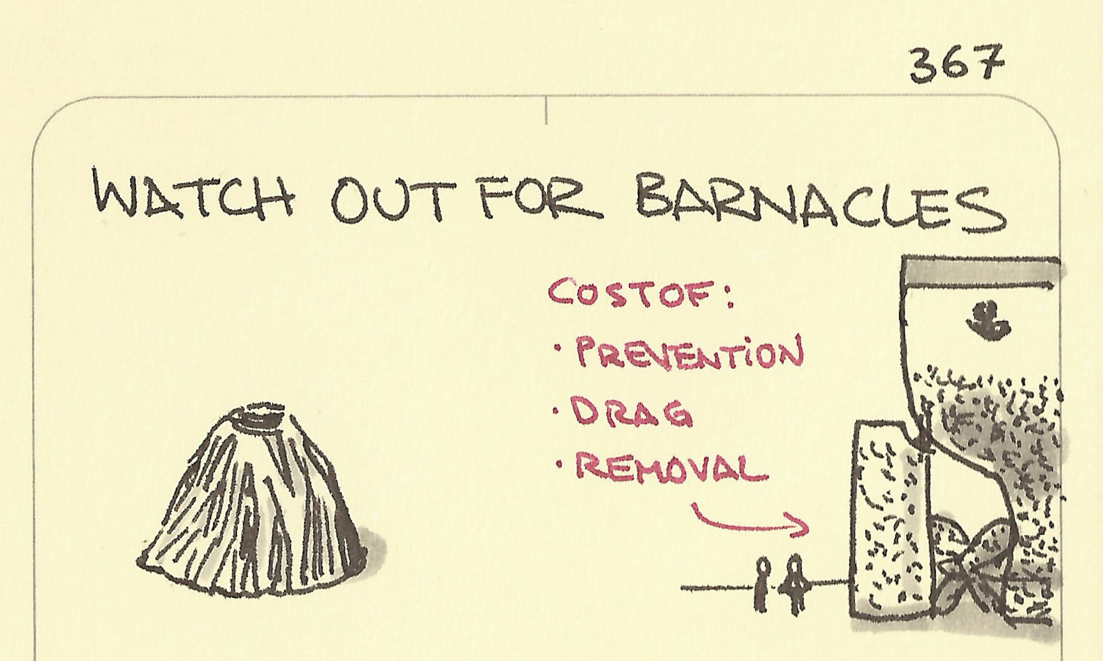 Watch out for barnacles illustration: One barnacle on the left seems like nothing, but if you have enough of them coating the back of a ship and its propeller then the cost of prevention, drag and removal will cost you