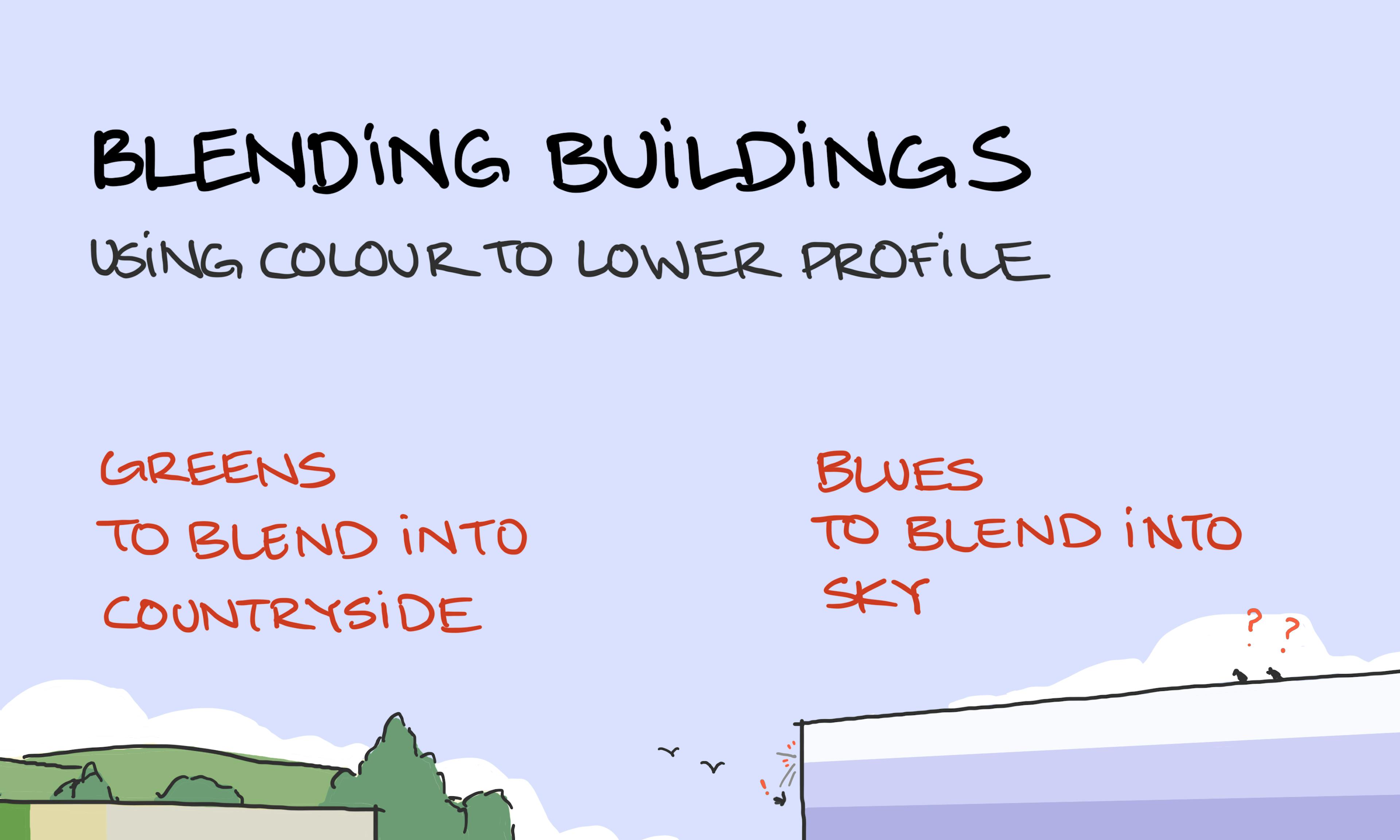 Blending buildings illustratiion: example of two large distribution warehouses one coloured in greens to blend better into countryside, and one in shades of blue to blend better into the sky.