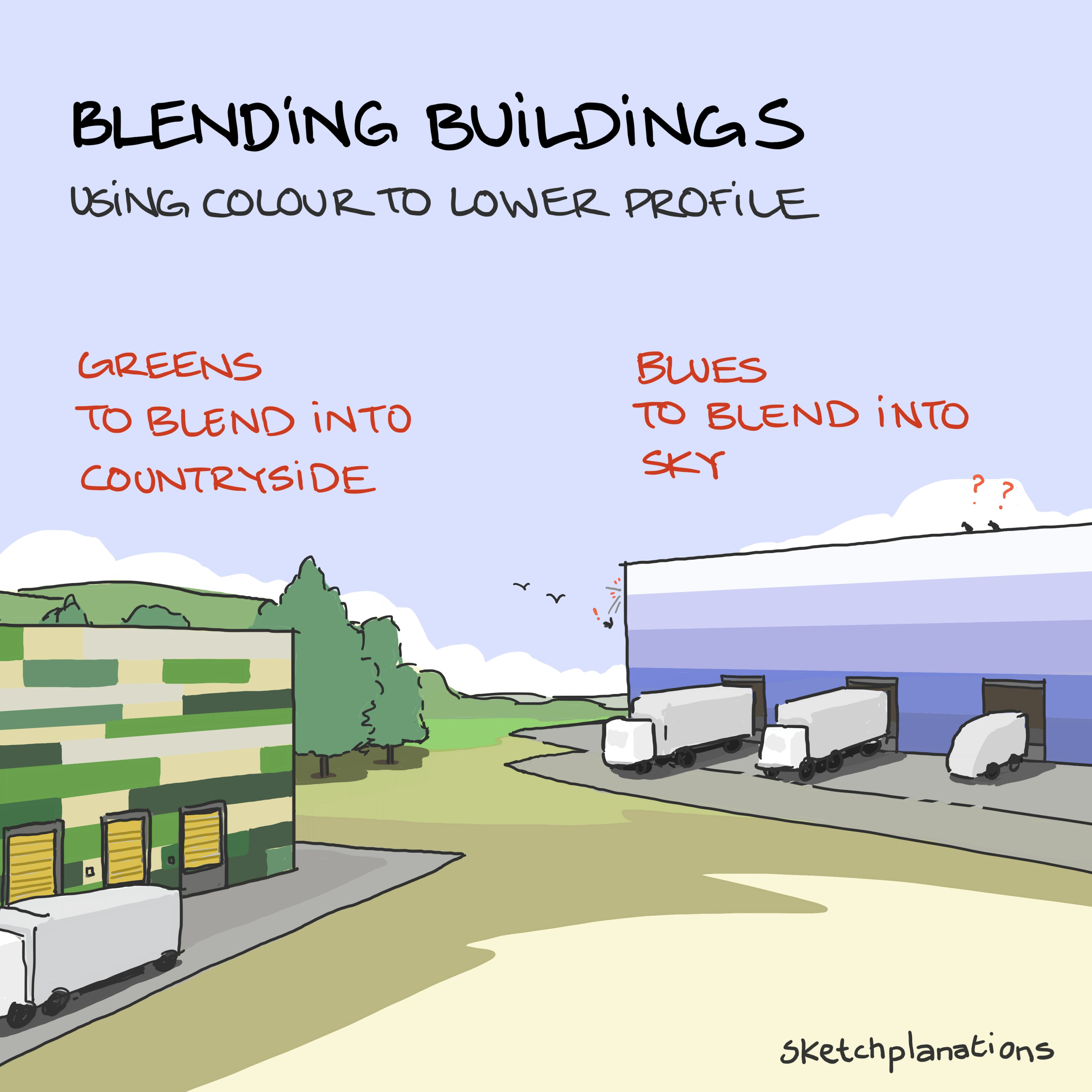 Blending buildings illustratiion: example of two large distribution warehouses one coloured in greens to blend better into countryside, and one in shades of blue to blend better into the sky.