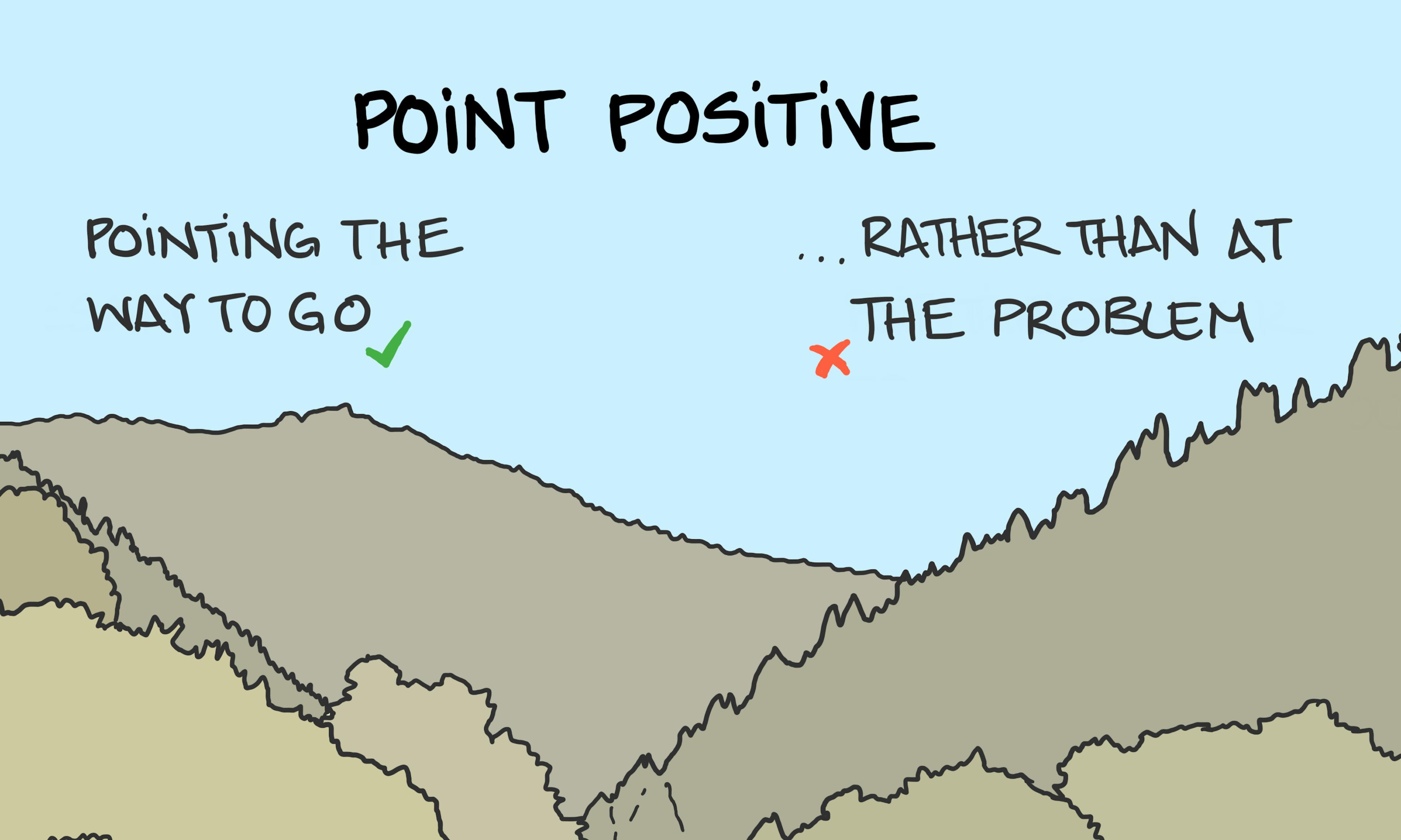 Point positive illustration: Rafters pointing towards the safe way down a rapids for a swimmer in the water rather than pointing towards the dangers
