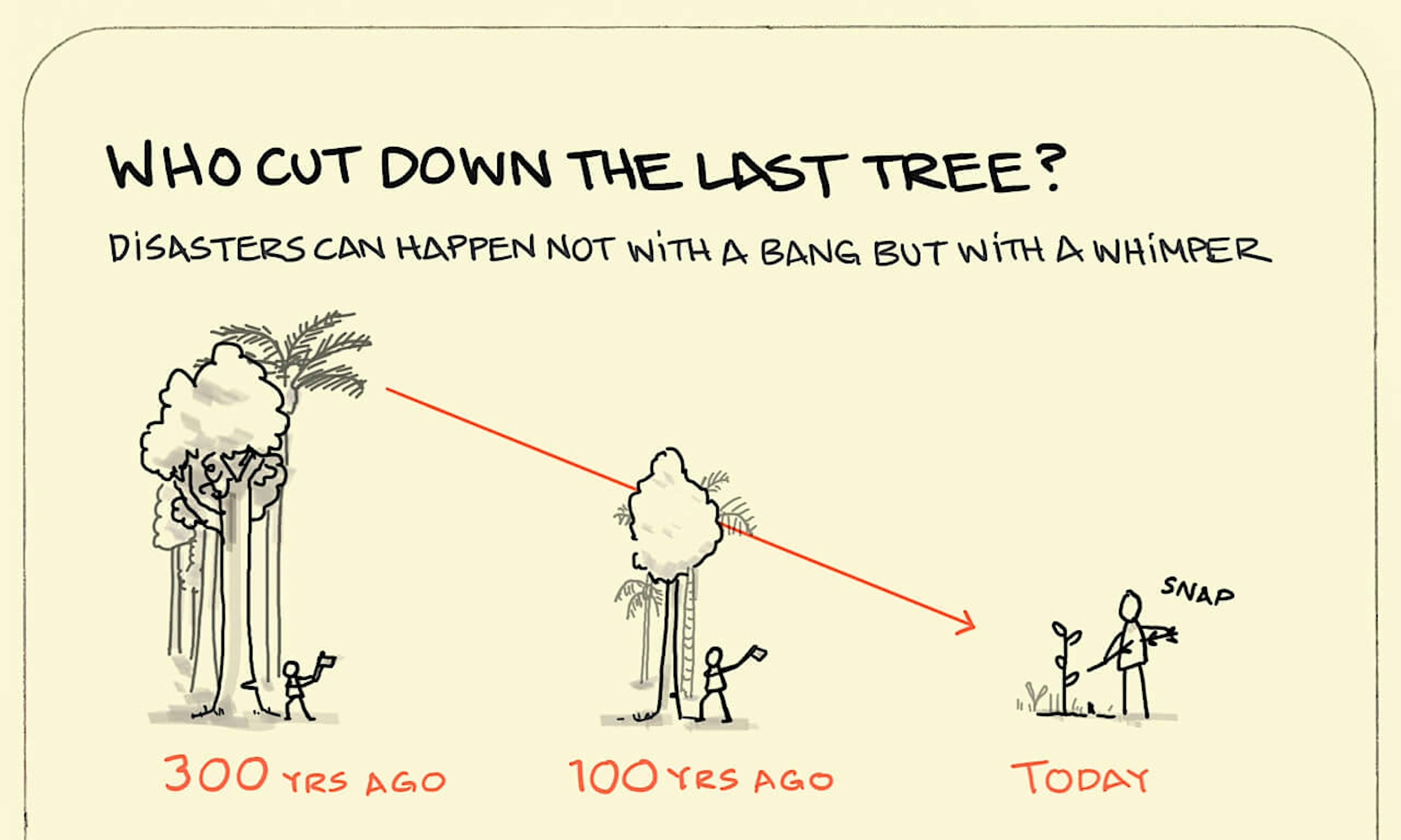 Who cut down the last tree illustration: 300 years ago we see someone cutting down a tree with an axe in a large dense forest. 100 years ago we see someone cutting down a tree in a now much more sparse forest. Today, there's only a small sapling left, and someone just snapped a branch off it. So what next?