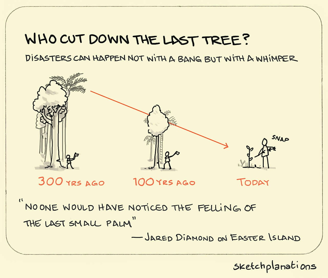 Who cut down the last tree illustration: 300 years ago we see someone cutting down a tree with an axe in a large dense forest. 100 years ago we see someone cutting down a tree in a now much more sparse forest. Today, there's only a small sapling left, and someone just snapped a branch off it. So what next?